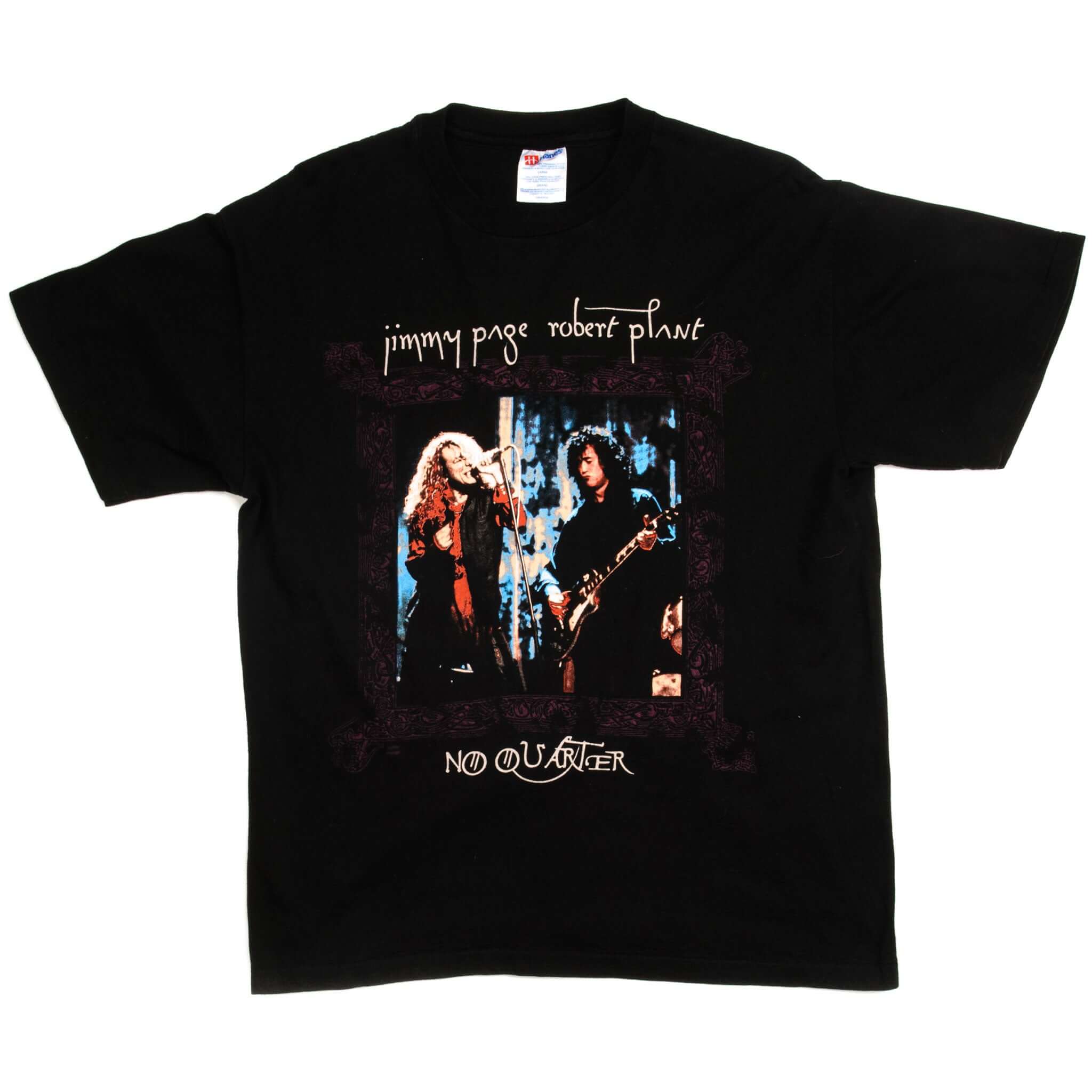 Full front view of black Jimmy Page and Robert Plant No Quarter tour T-shirt
