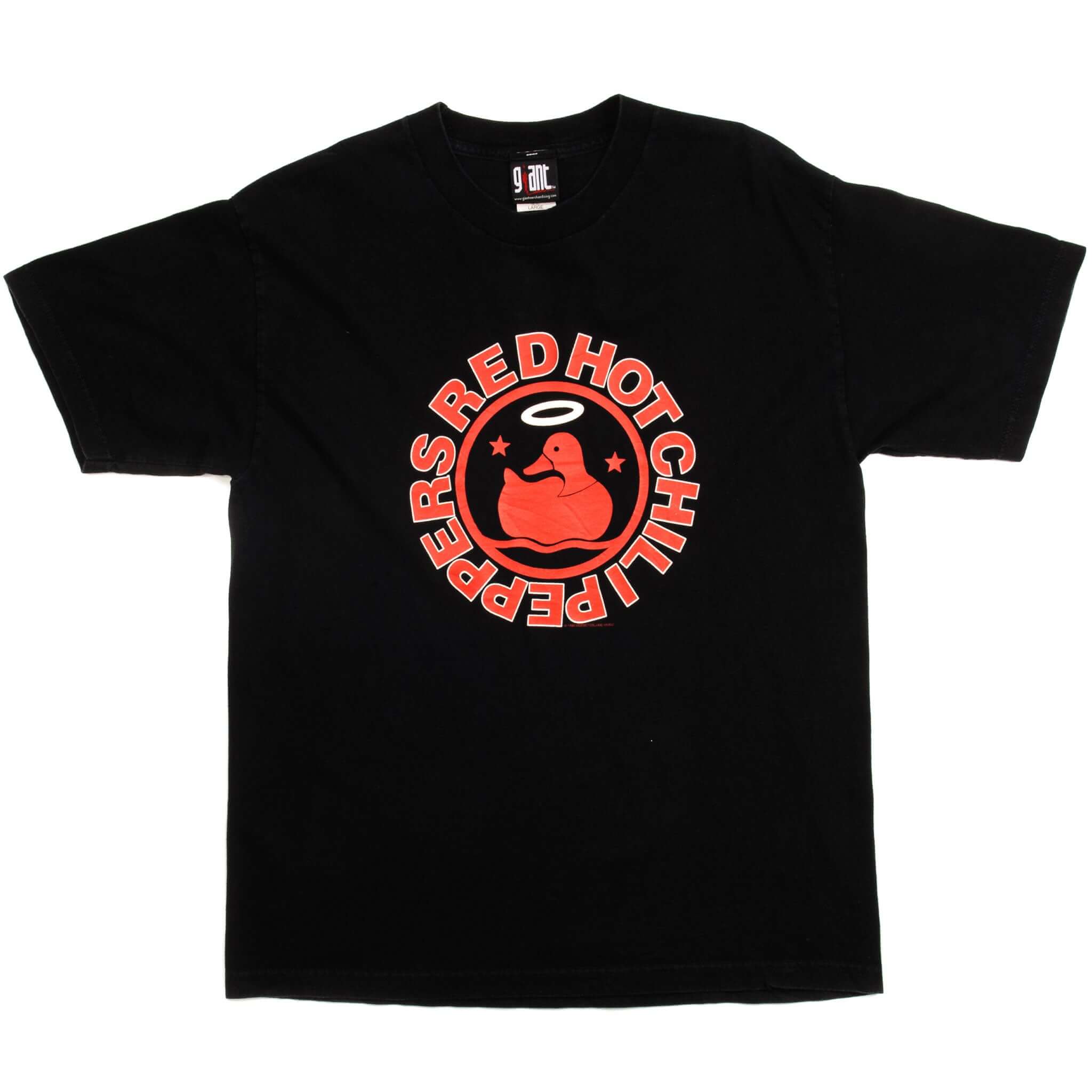 Full front view of black Red Hot Chili Peppers T-shirt with red circular duck graphic