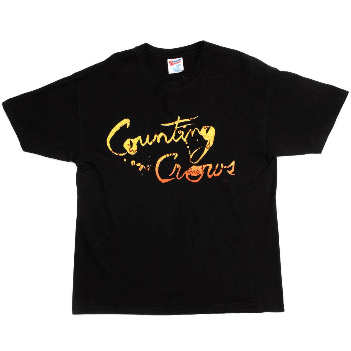 Full front view of black Counting Crows T-shirt with yellow and orange logo