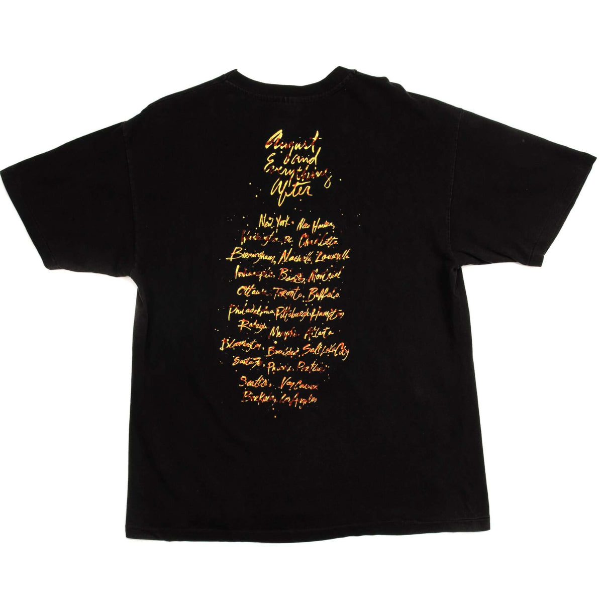 Back of black Counting Crows August and Everything After tour T-shirt with city list