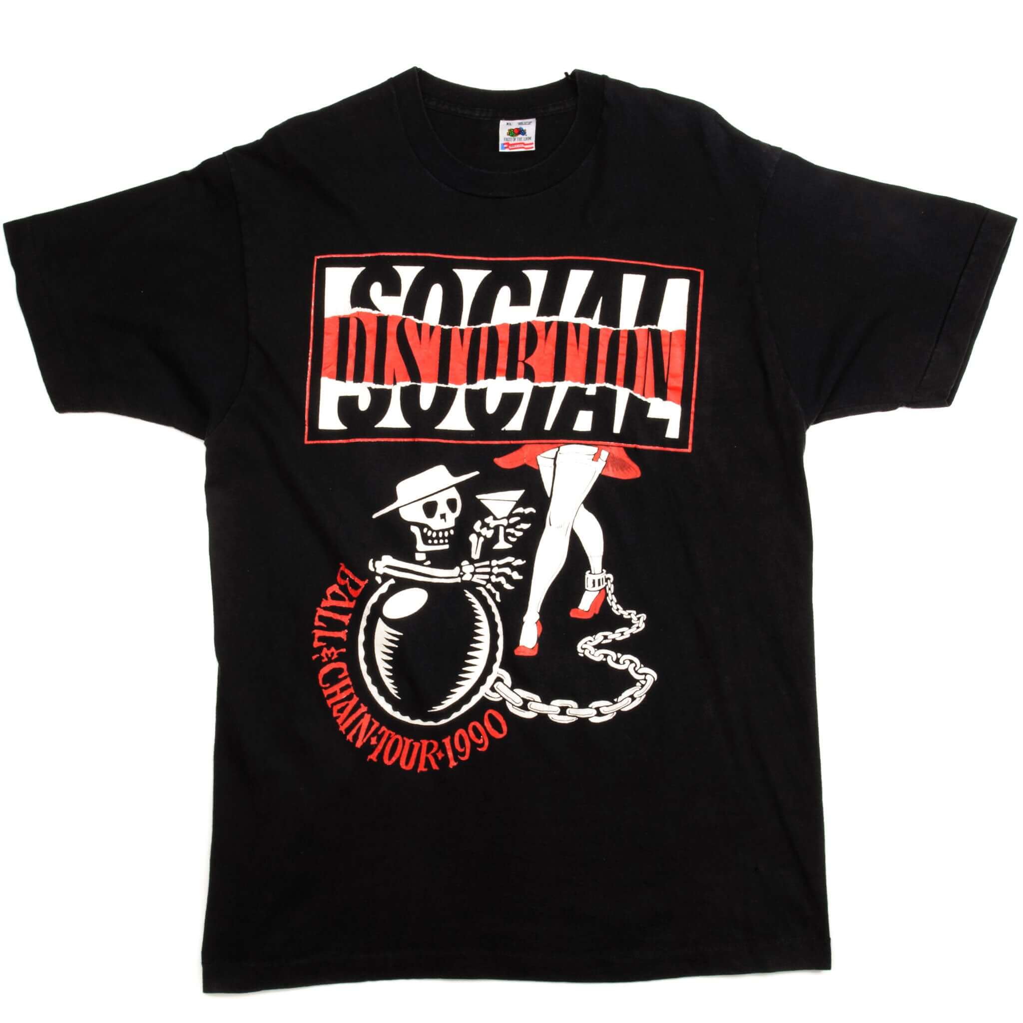 Full front view of black Social Distortion Ball & Chain Tour 1990 graphic T-shirt