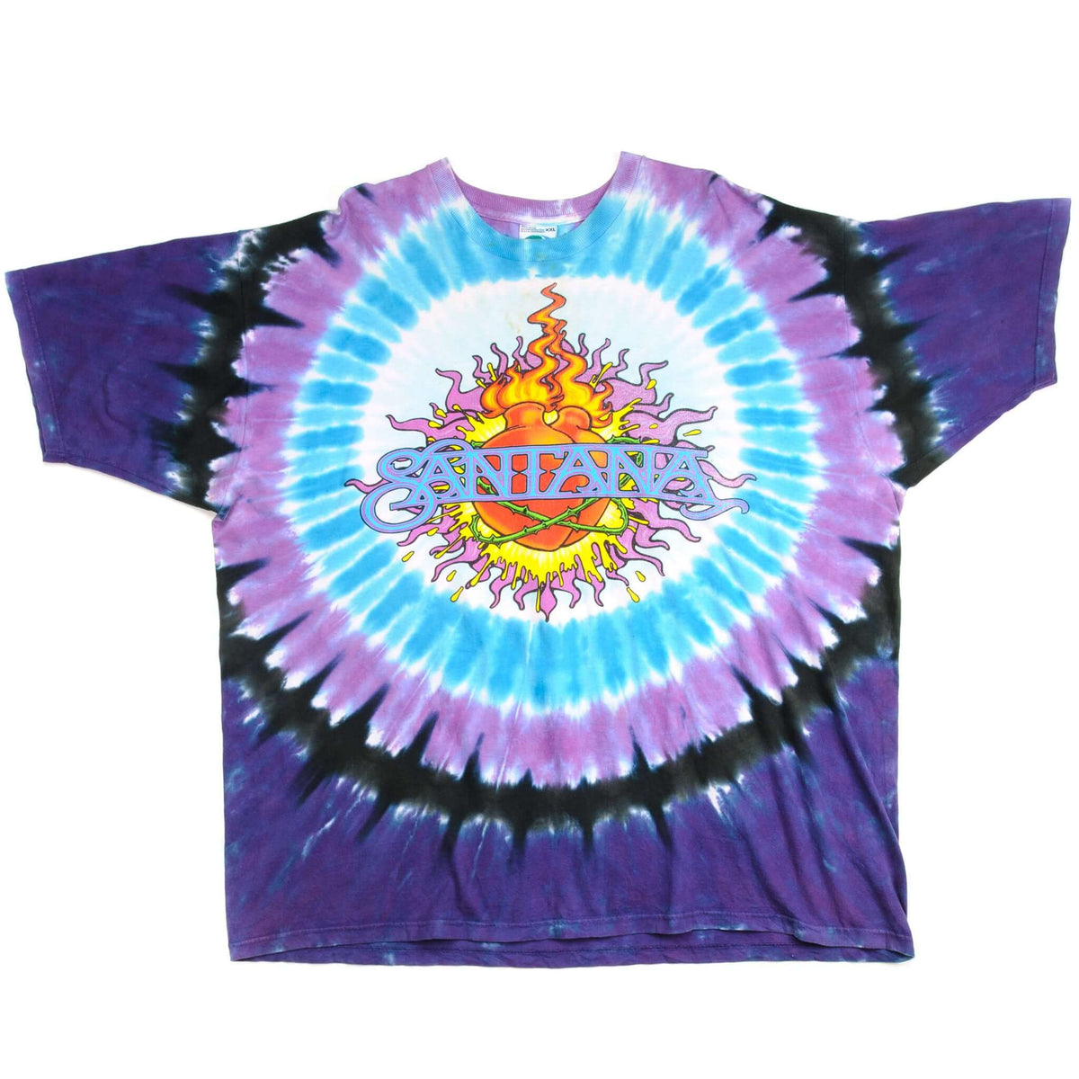 Front of Santana tour T-shirt with purple, blue, and black tie-dye and flaming heart logo