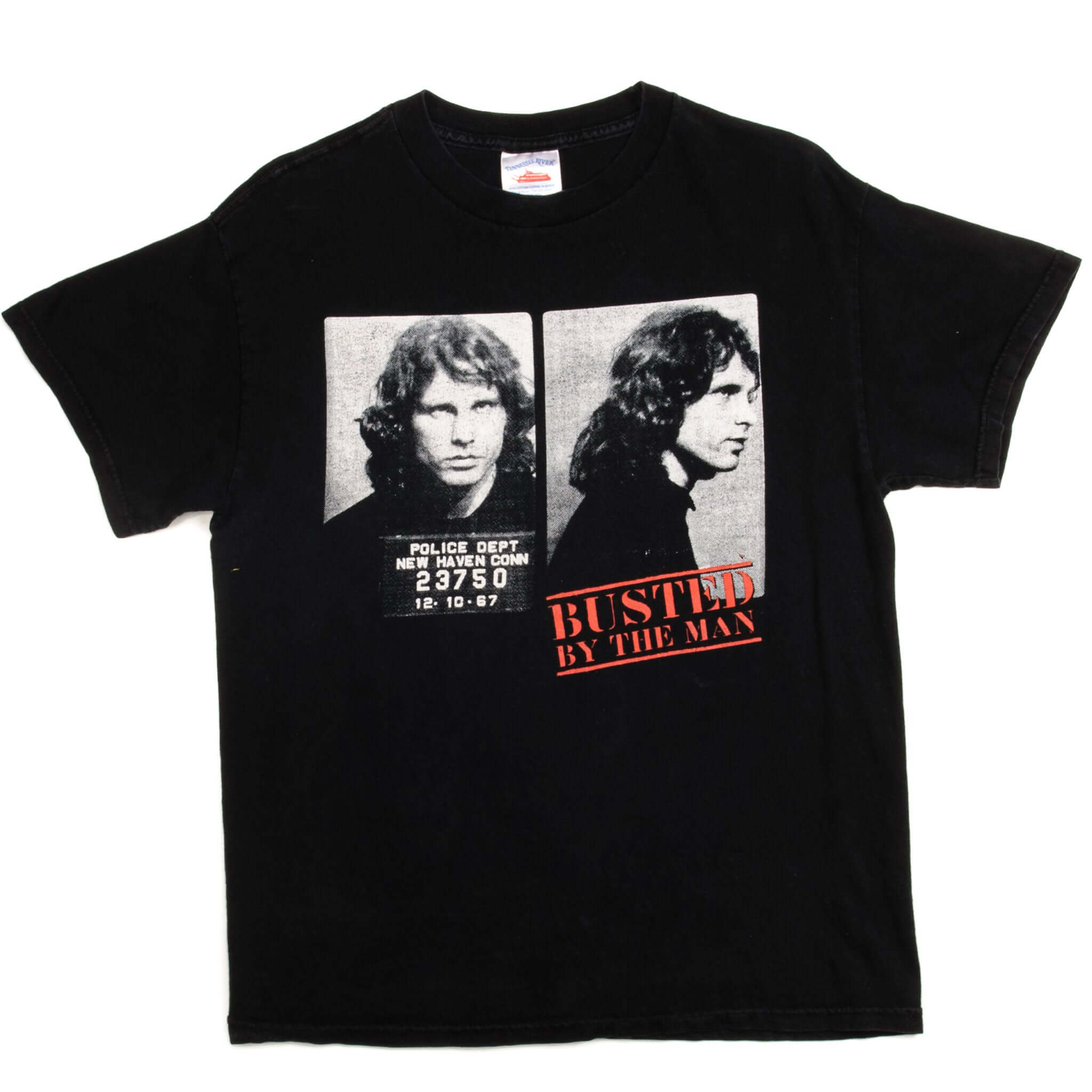 Full front view of black Jim Morrison T-shirt with mugshot graphic and red lettering