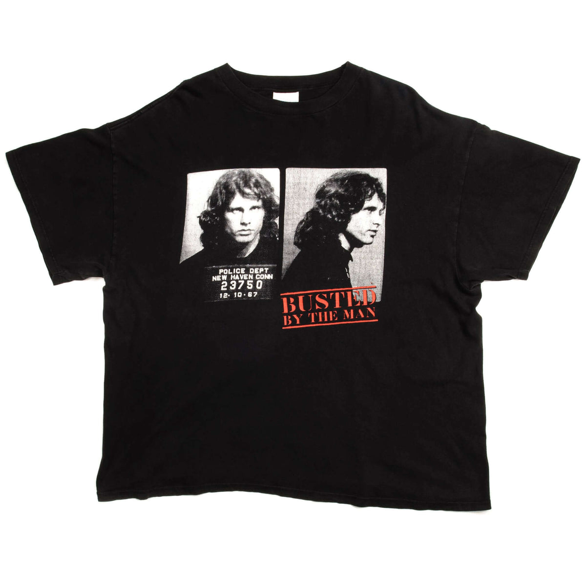 Full front view of black Jim Morrison tee with mugshot graphic and red lettering