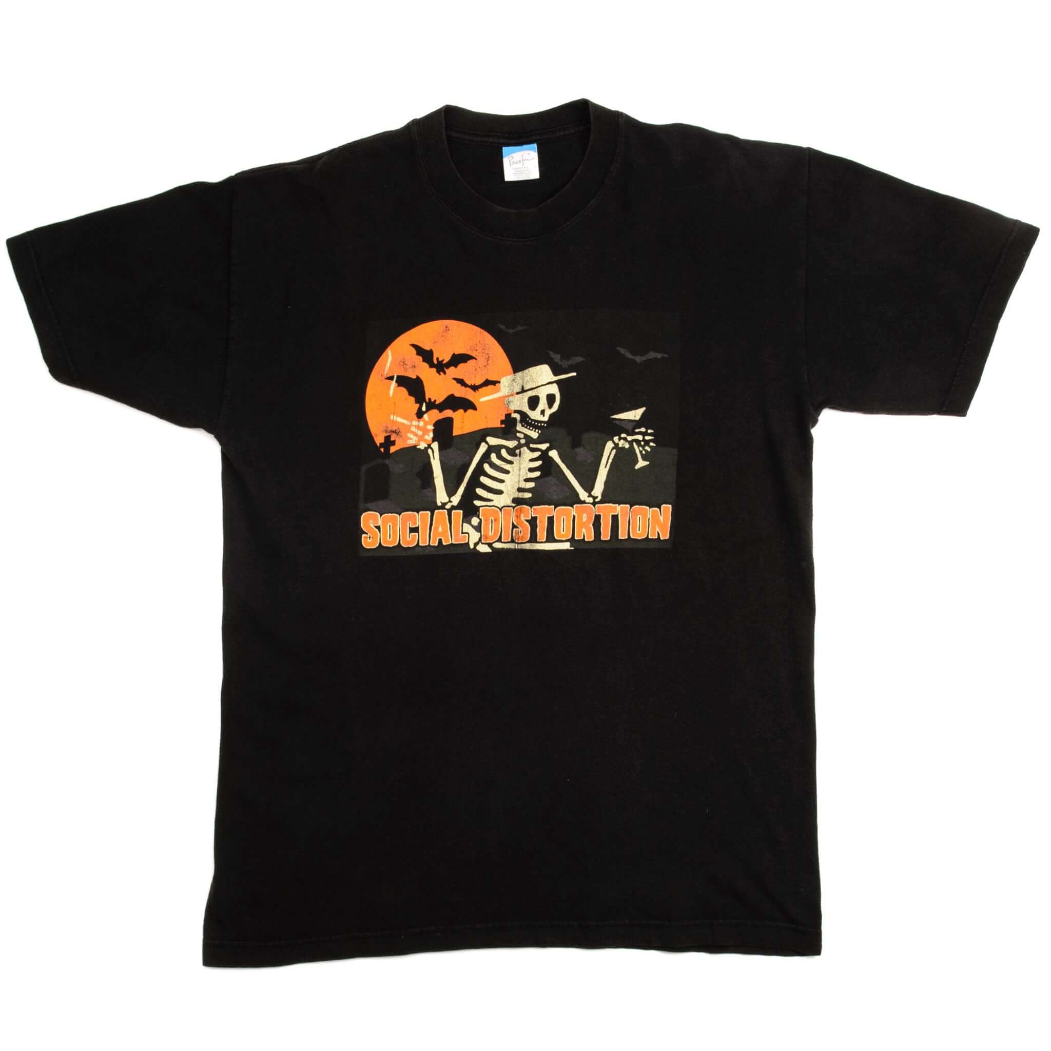 Full front view of black Social Distortion T-shirt with skeleton and orange moon graphic