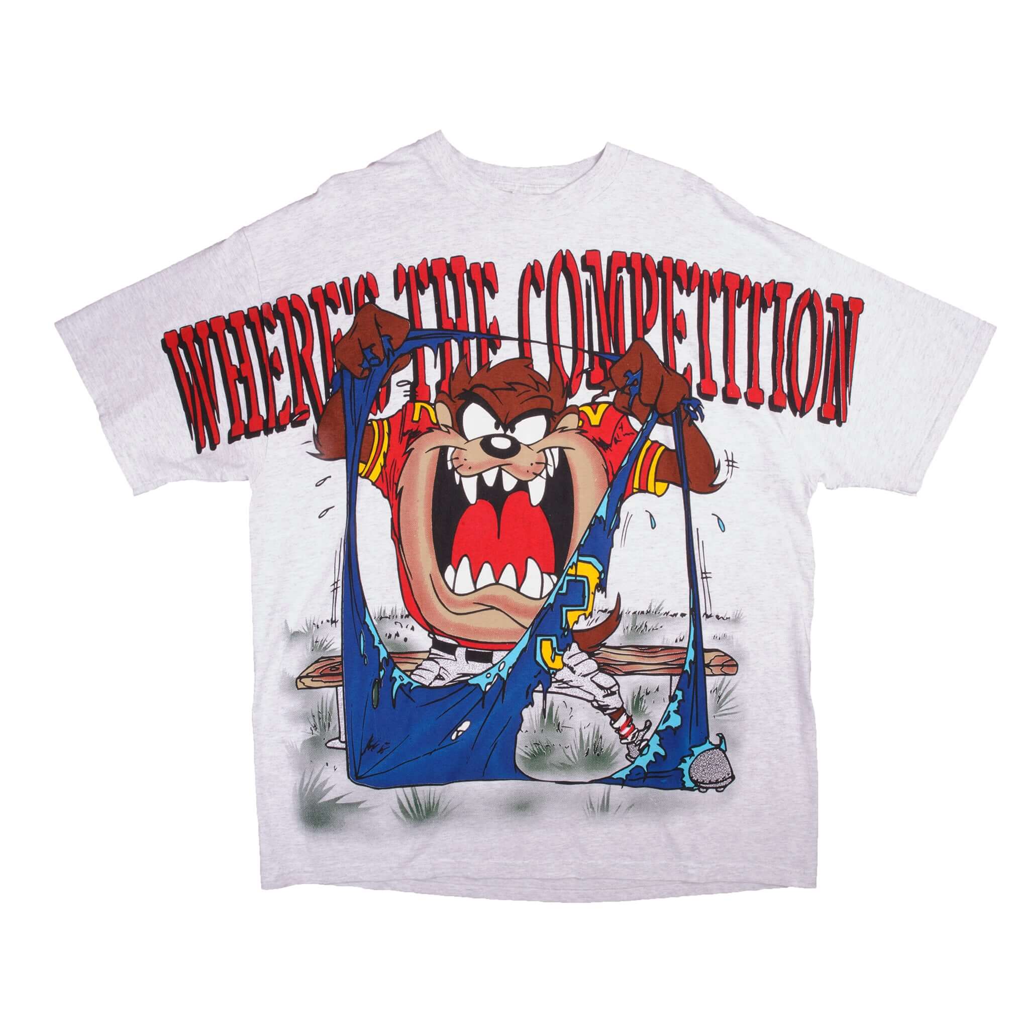 Vintage Warner Bros Looney Tunes Taz Where's The Competition Tee Shirt 1997 Size XLarge With Single Stitch Sleeves. Made In USA.