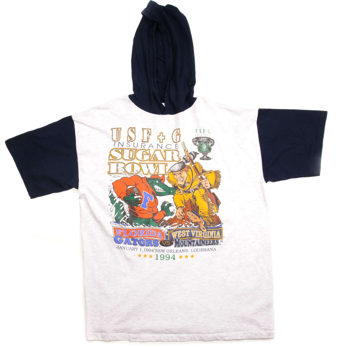 Full front view of Florida Gators vs. West Virginia Mountaineers Sugar Bowl hooded tee