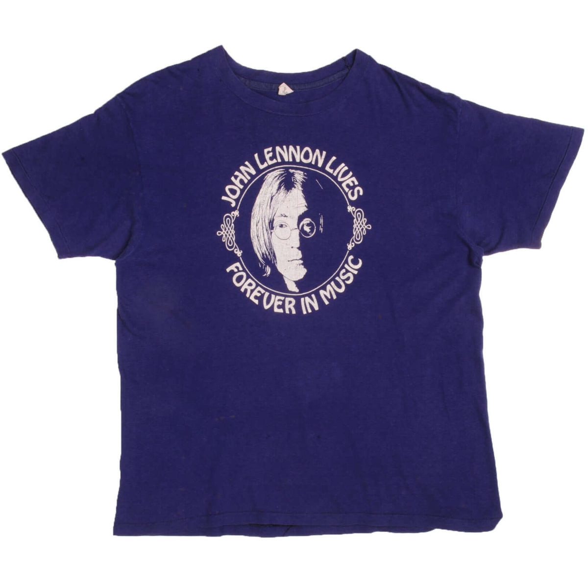 Full front view of blue John Lennon T-shirt with white memorial graphic