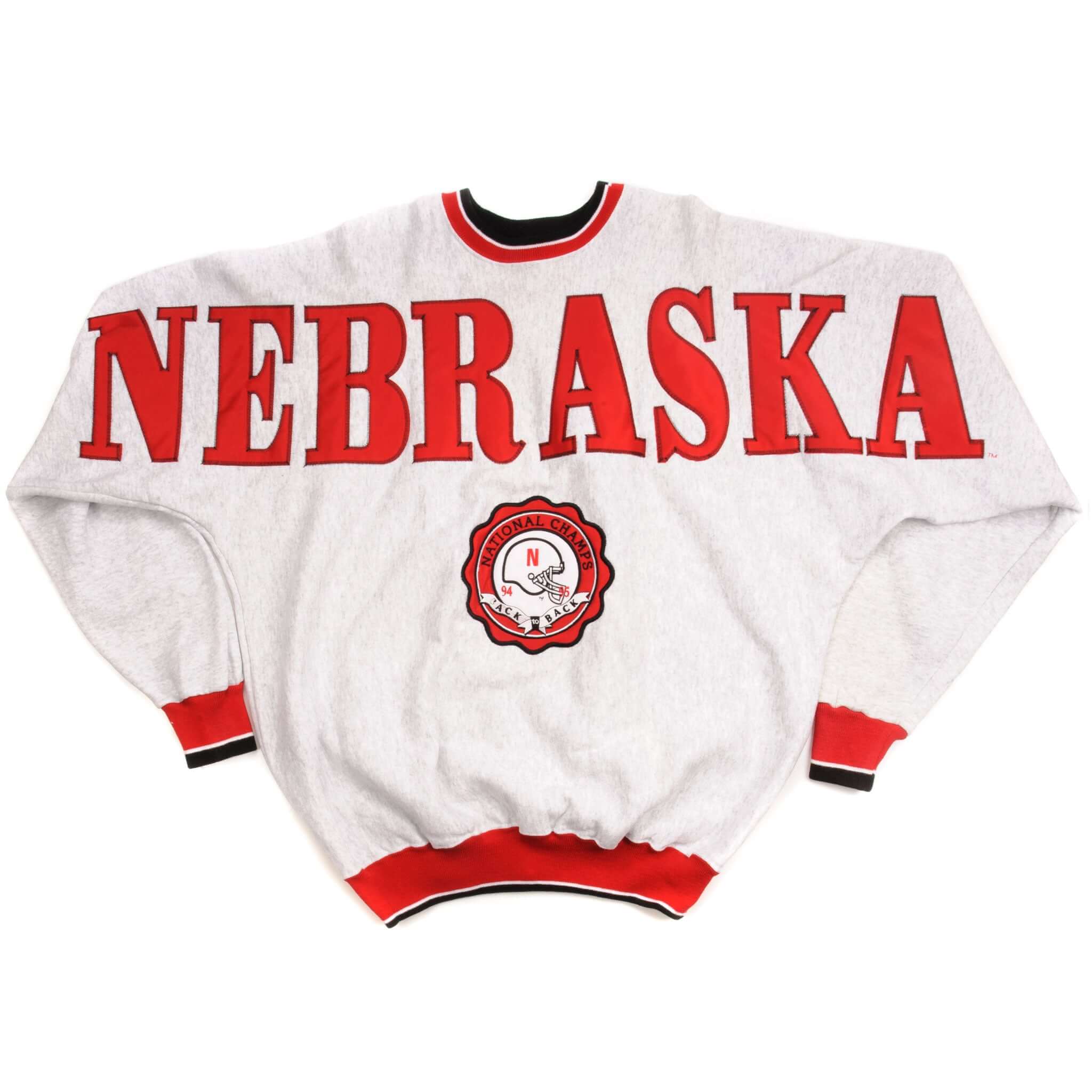 Full front view of gray Nebraska Cornhuskers sweatshirt with red, white and black trim