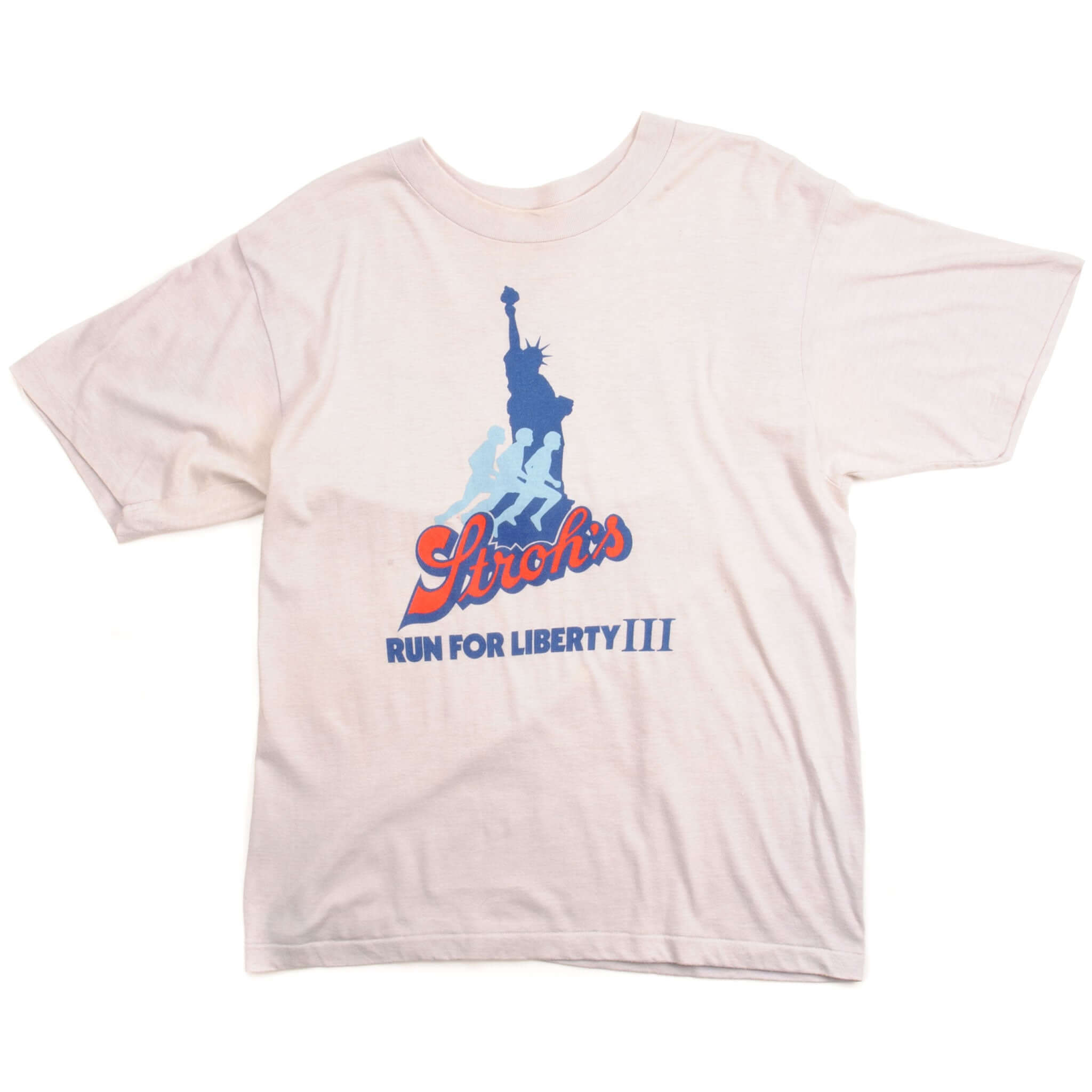 Full front view of light gray Stroh's Run for Liberty III T-shirt with blue and red graphic