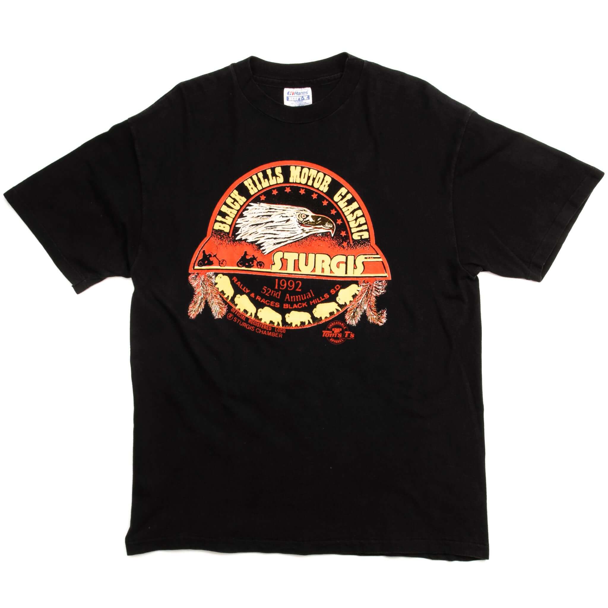 Black Sturgis T-shirt front with orange 1992 Black Hills Motor Classic eagle print