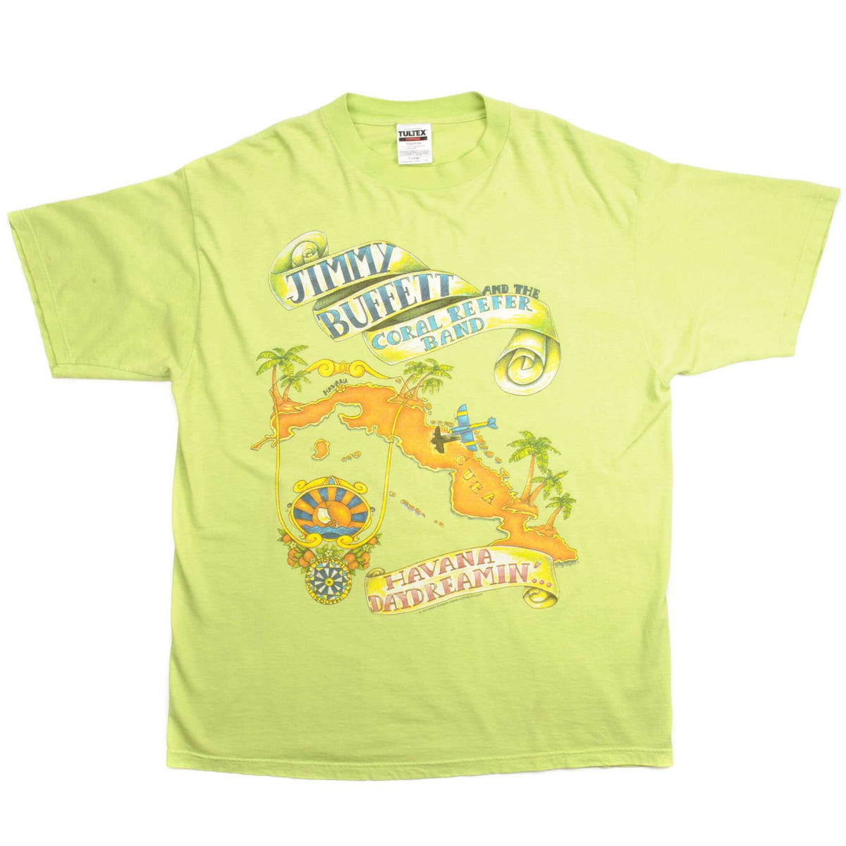 Full front view of lime green Jimmy Buffett Havana Daydreamin' graphic T-shirt