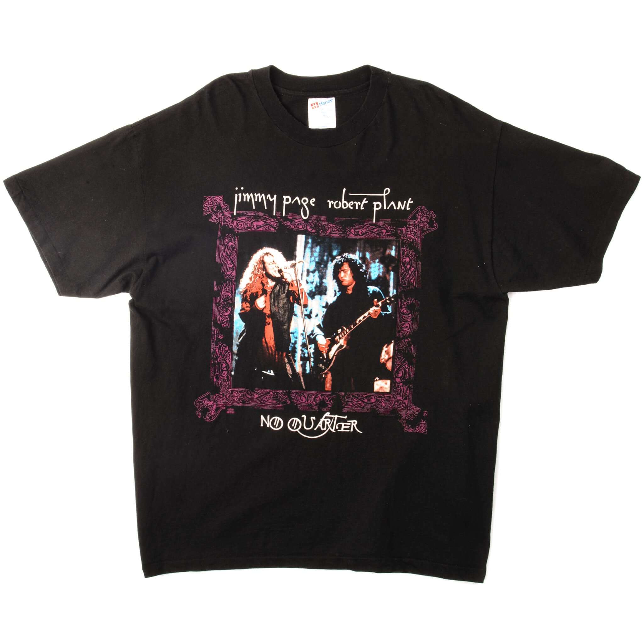 Black Jimmy Page and Robert Plant No Quarter T-shirt laid flat, front view