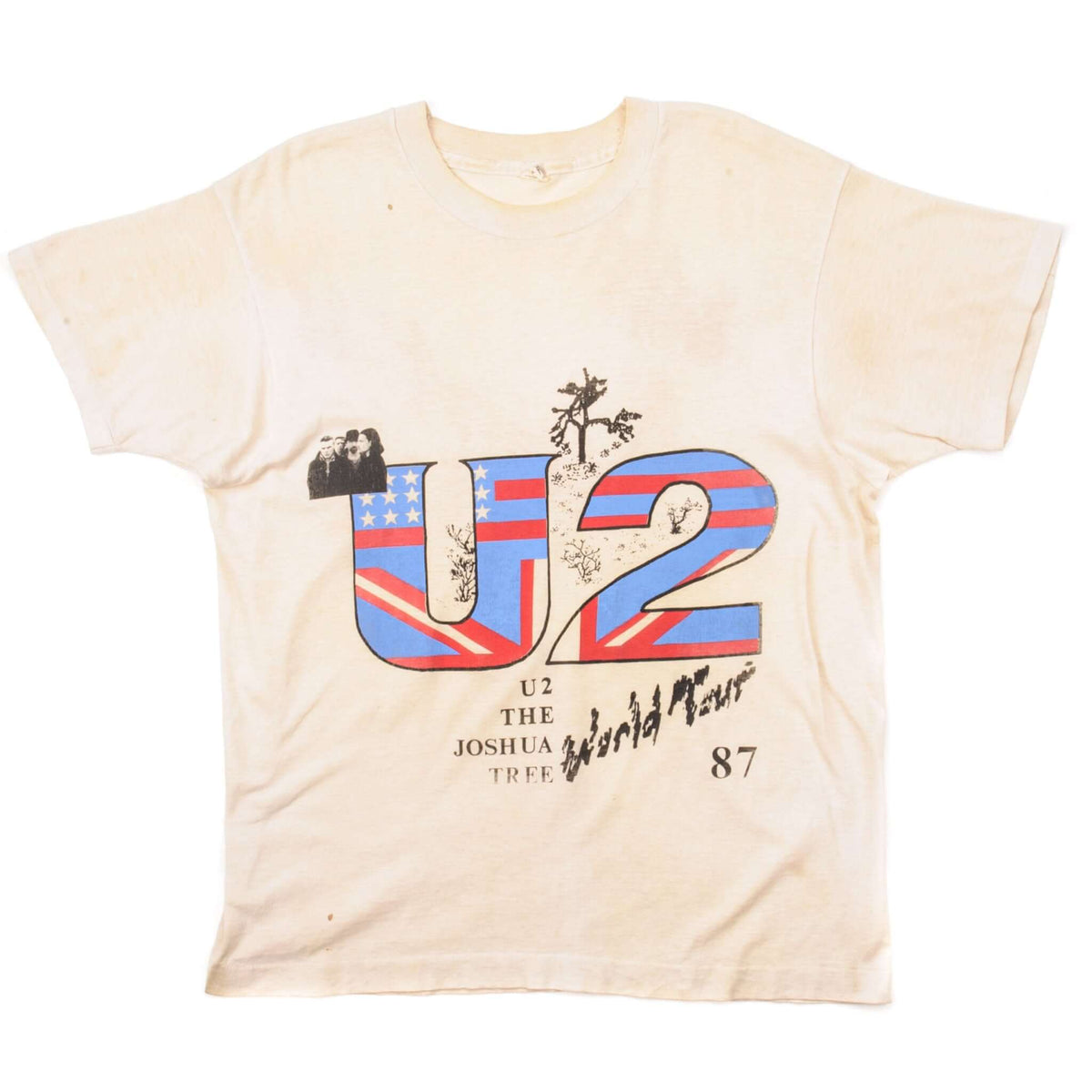 Full front view of white U2 Joshua Tree World Tour 87 graphic T-shirt