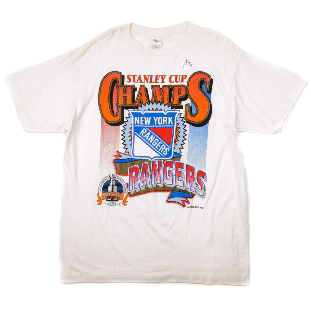 Full front view of white New York Rangers 1994 Stanley Cup Champions T-shirt