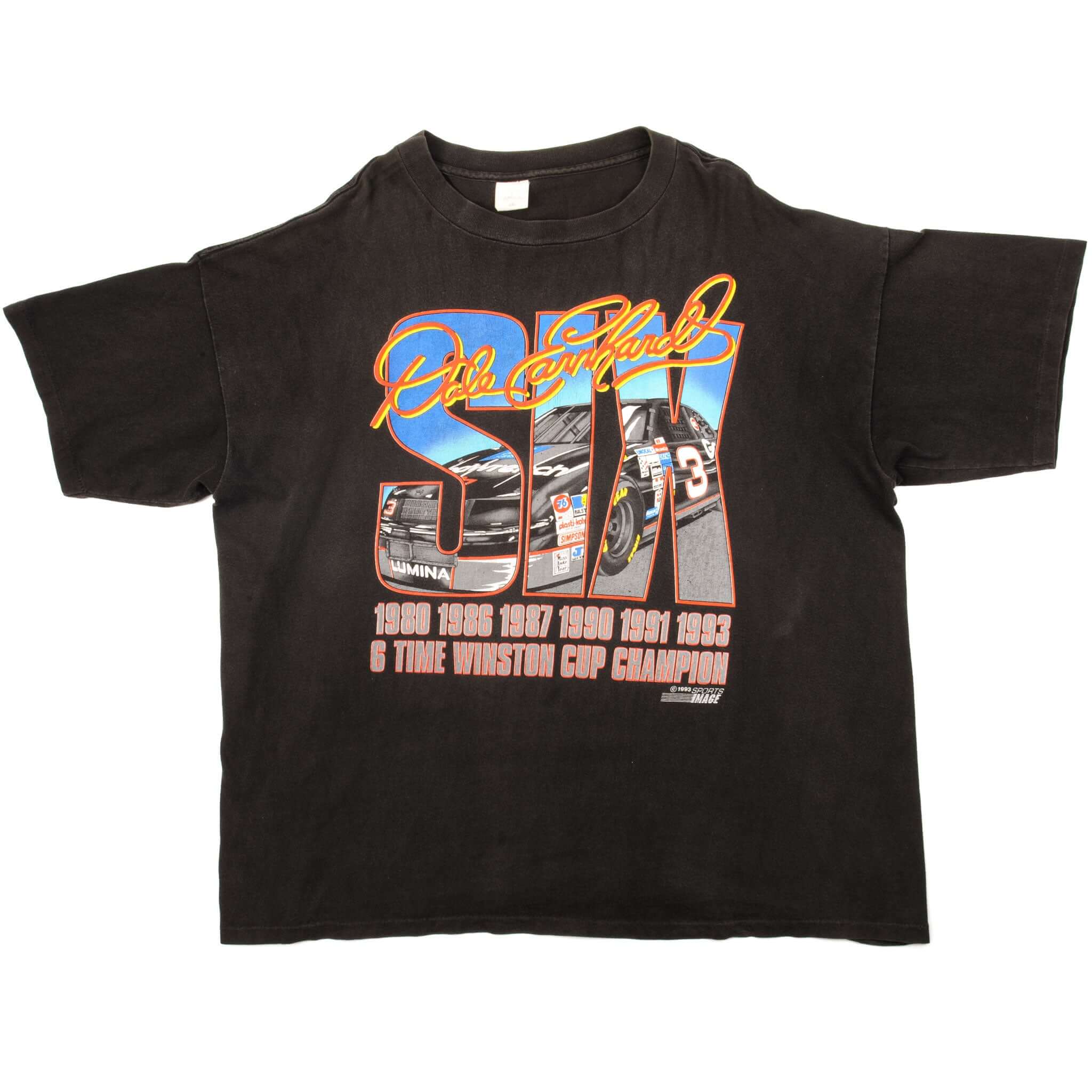 Full front view of black Dale Earnhardt NASCAR T-shirt with No. 3 racing graphic