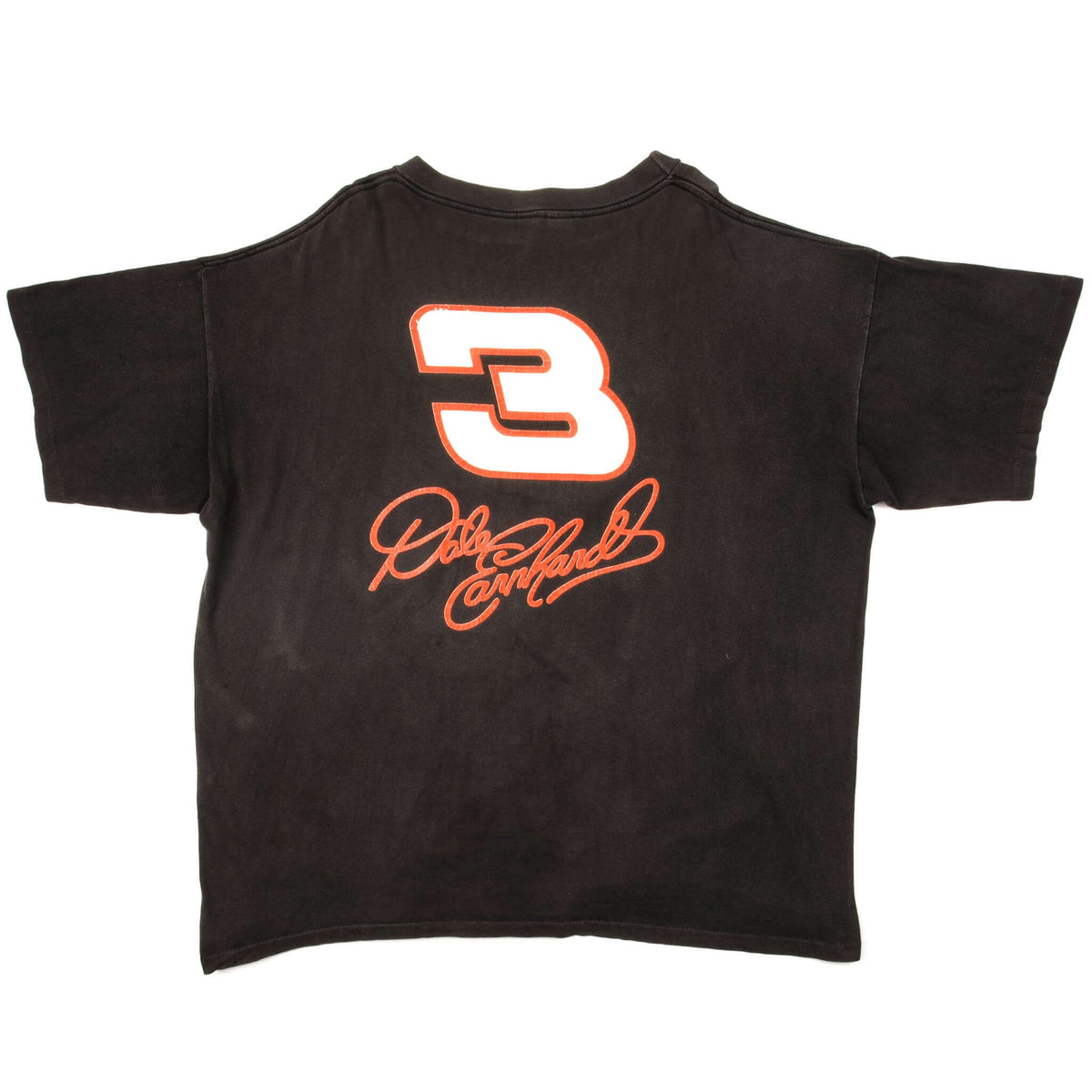 Back of black Dale Earnhardt T-shirt with large white No. 3 and red signature print