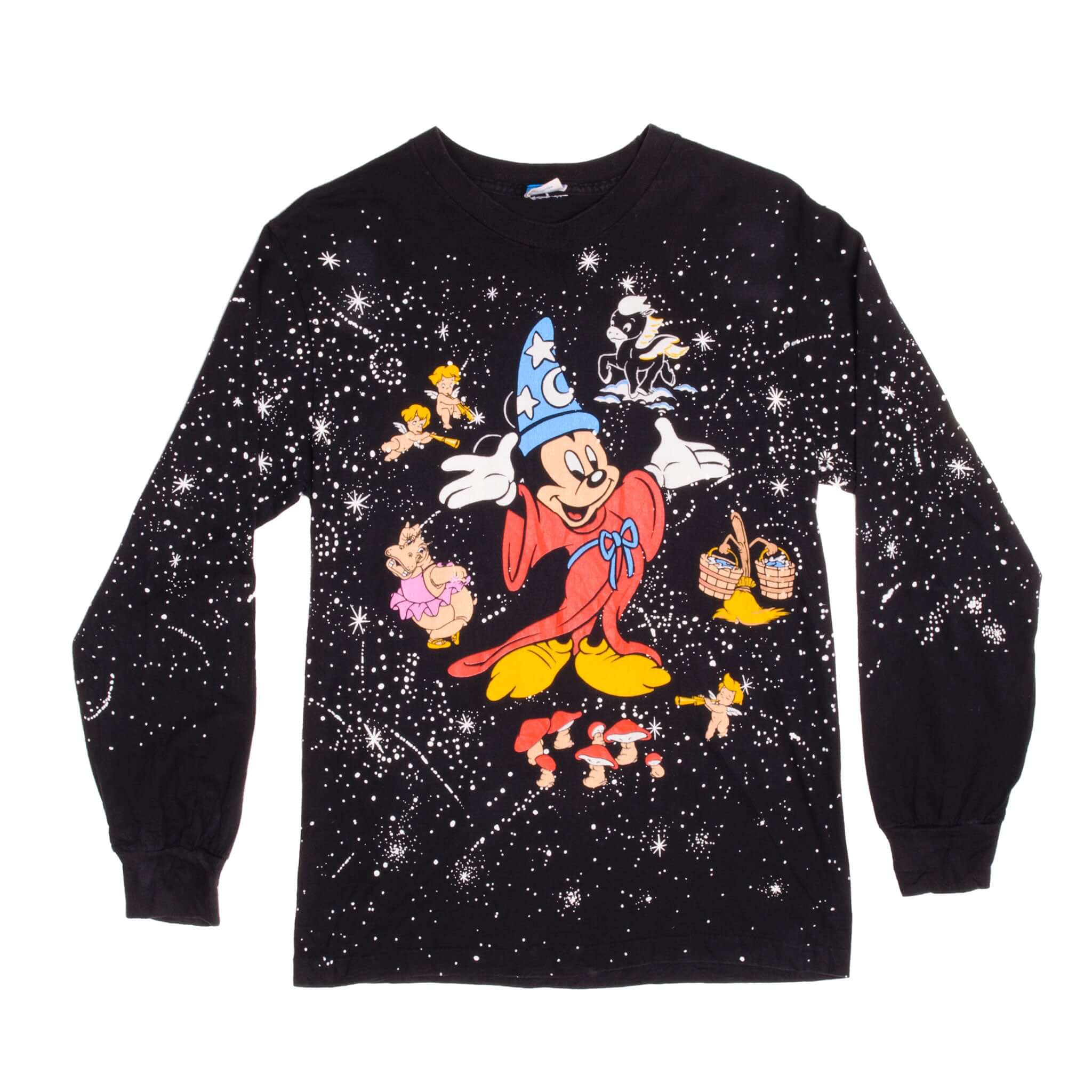 Vintage Disney Fantasia 50 Years Anniversary With Mickey Mouse As The Sorcerer Long Sleeve Tee Shirt 1990's Size Medium Made In USA.
