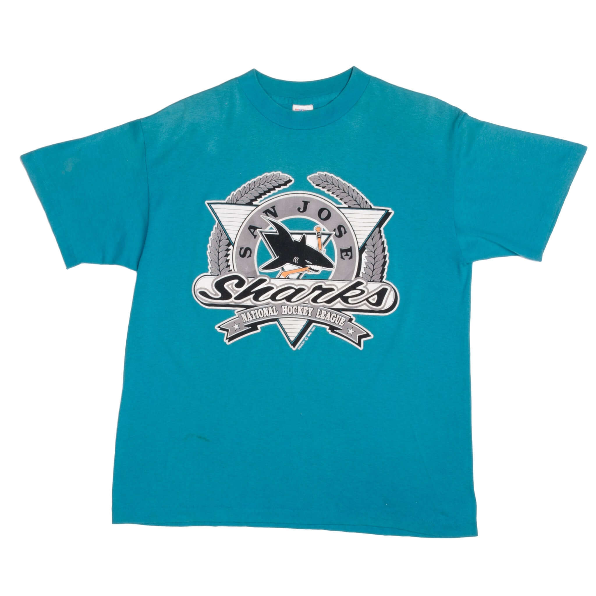 Vintage NHL San Jose Sharks Tee Shirt 1991 Size L With Single Stitch Sleeves. Made In USA. Trench