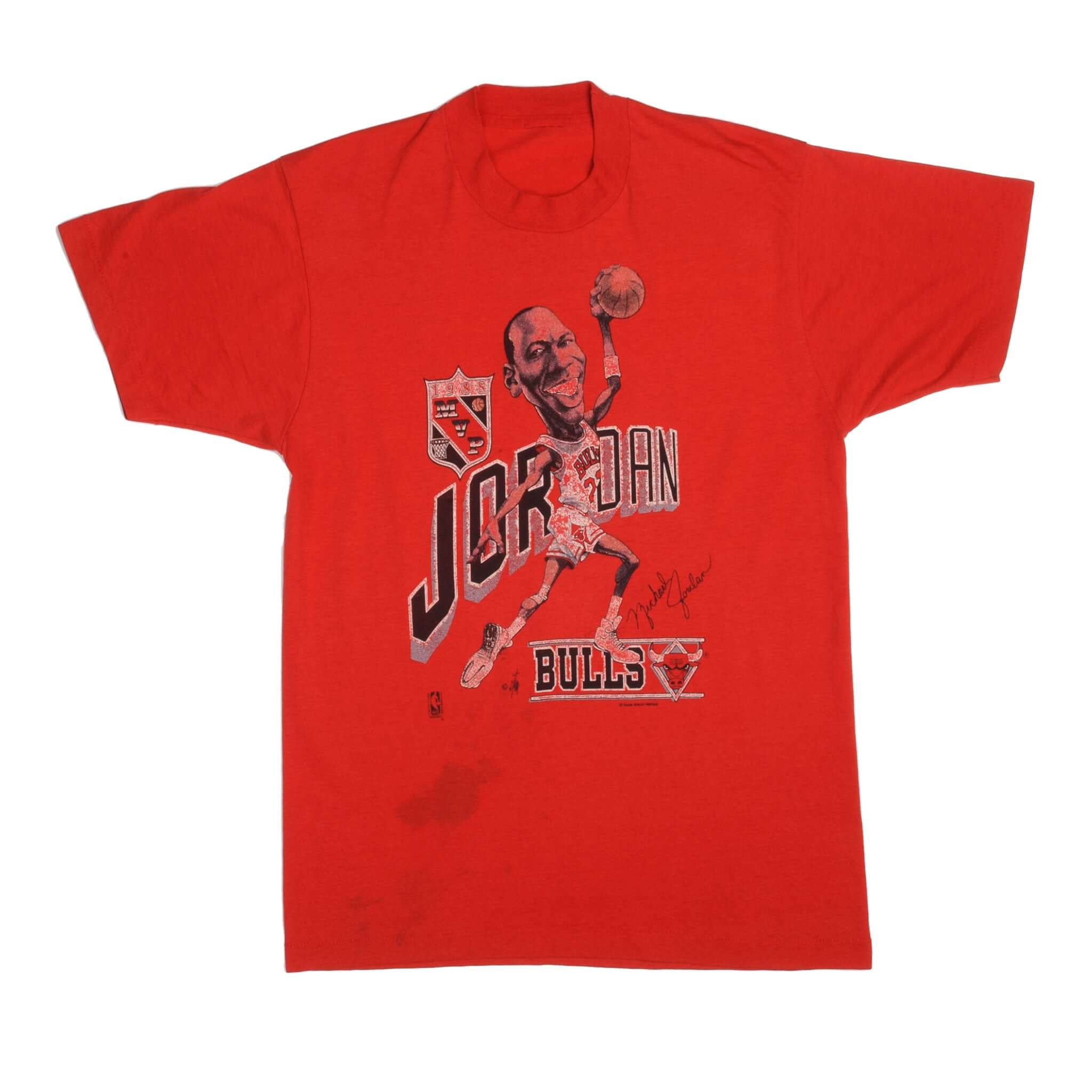 Full front view of red Michael Jordan Chicago Bulls MVP 1988 graphic T-shirt