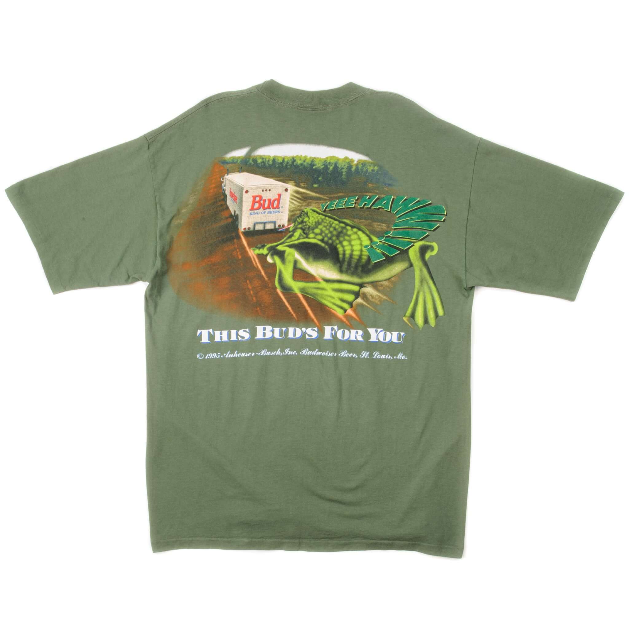 Vintage Budweiser Bud King Of Beers Tee Shirt Size Large Made In USA. GREEN