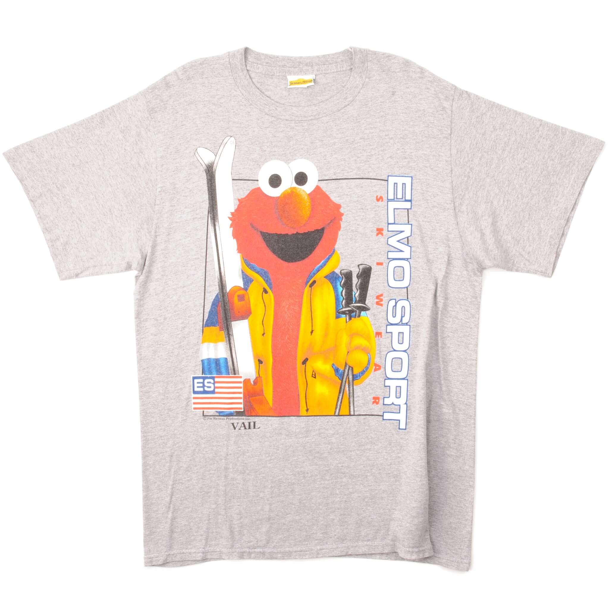 Gray Elmo Sport T-shirt front with Elmo holding skis and poles