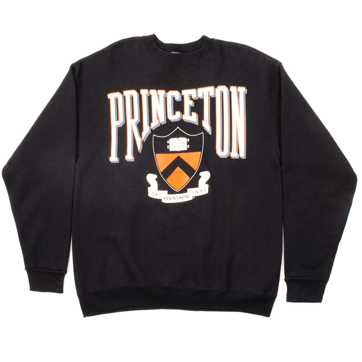 Full front view of black Princeton University crewneck sweatshirt