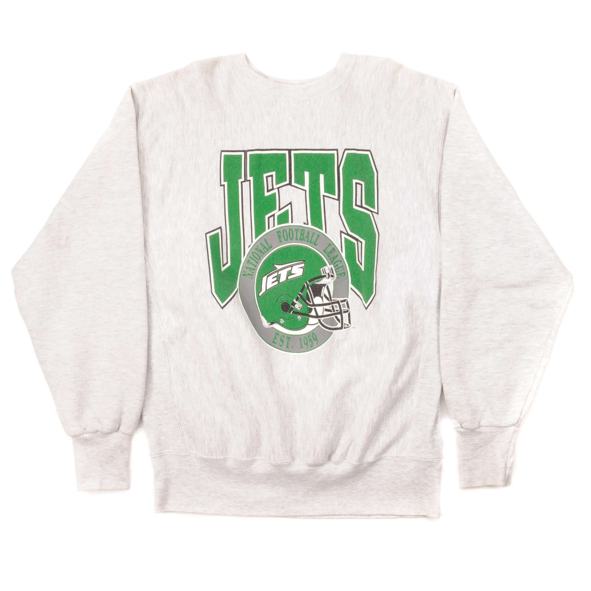 Full front view of gray New York Jets crewneck sweatshirt with green team graphic