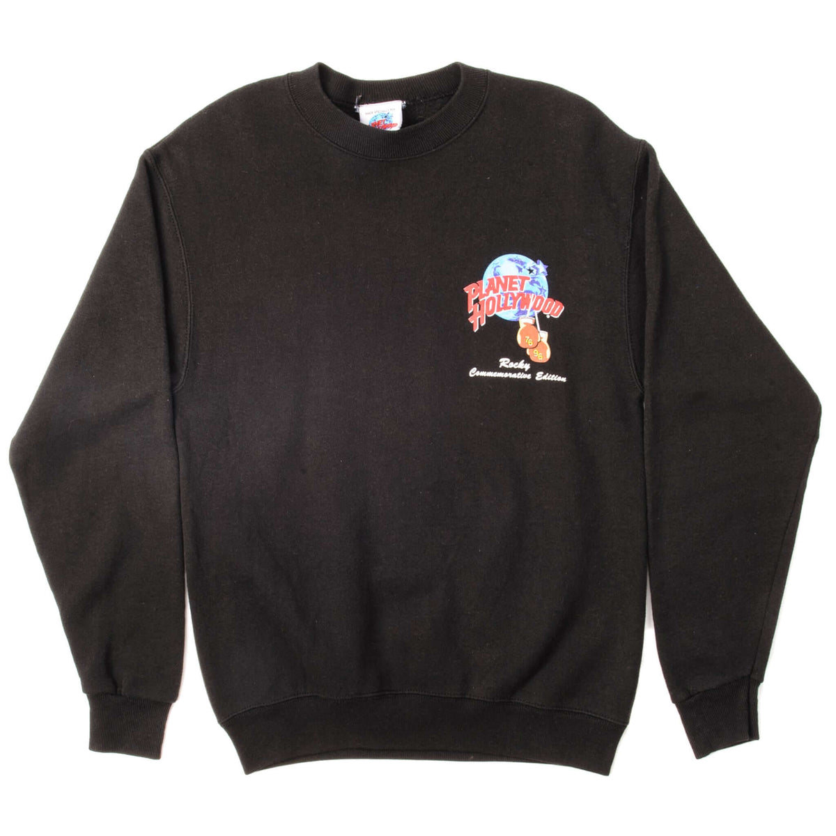 Full front view of black Planet Hollywood Rocky commemorative sweatshirt