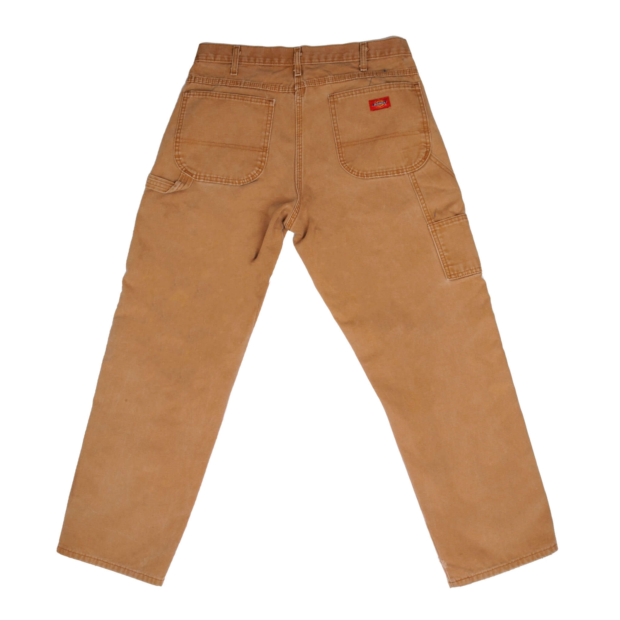 Back of brown Dickies carpenter pants with patch pockets and utility pocket