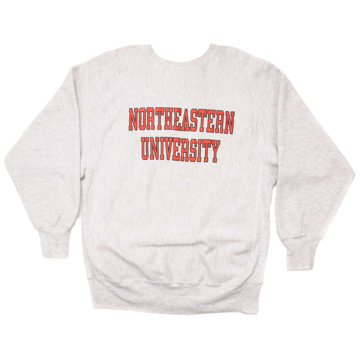 Full front view of gray Champion Reverse Weave Northeastern University sweatshirt