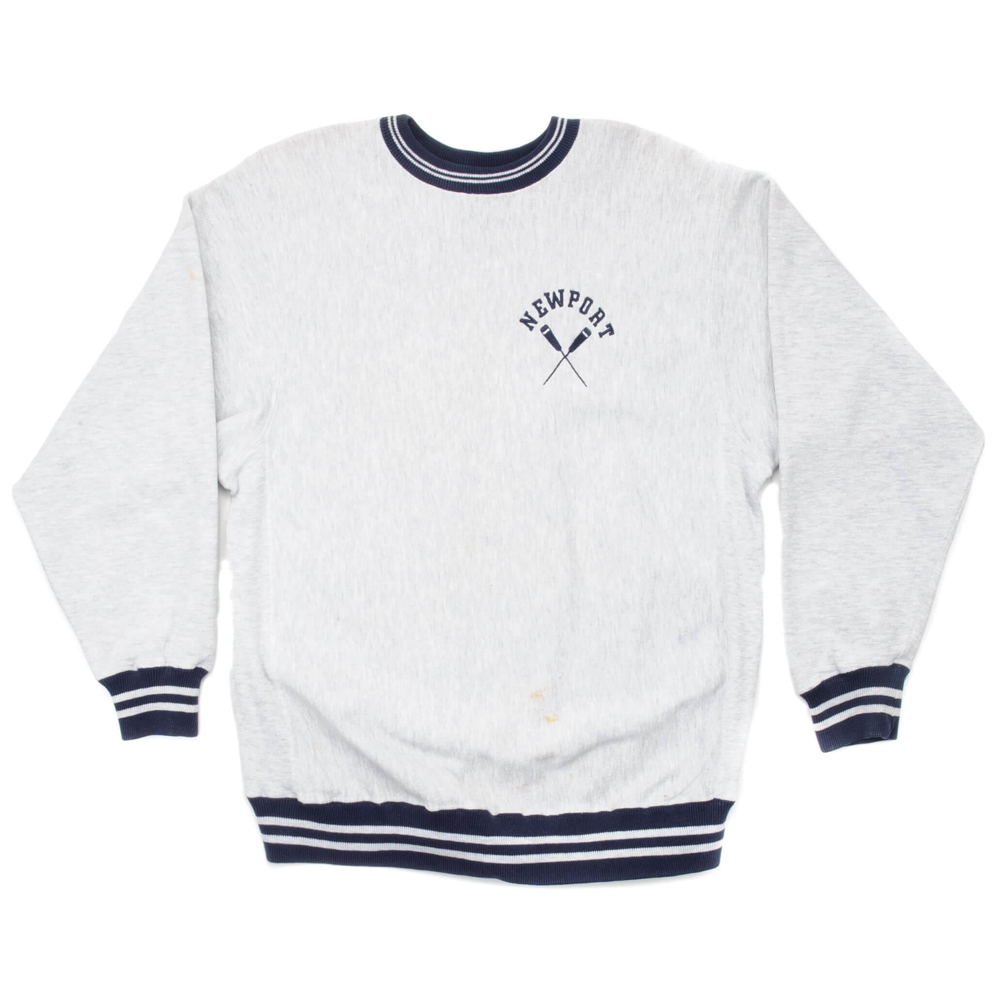 Full front of gray Champion Newport sweatshirt with navy striped collar, cuffs, and hem