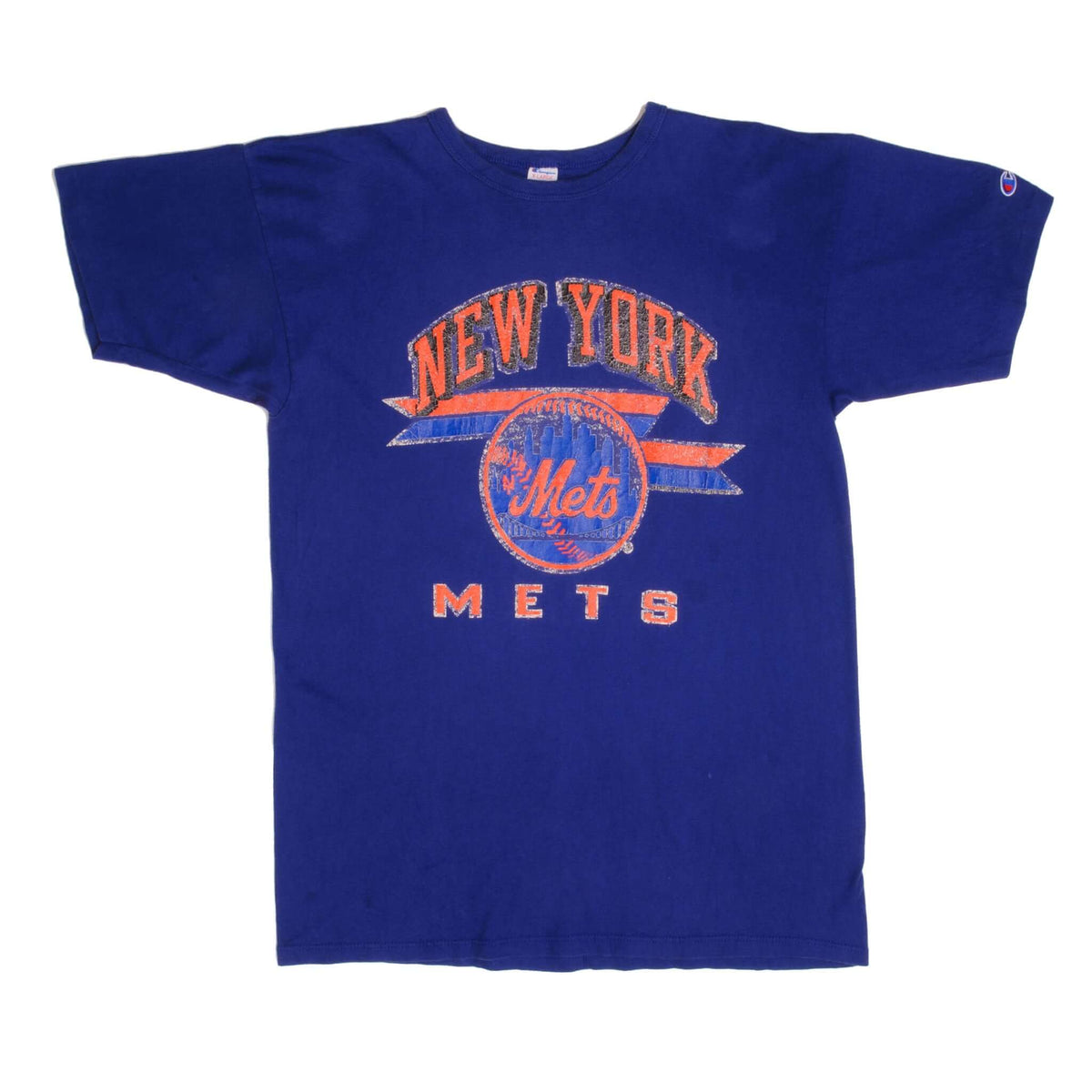 Full front of blue Champion New York Mets T-shirt with distressed graphic and sleeve logo