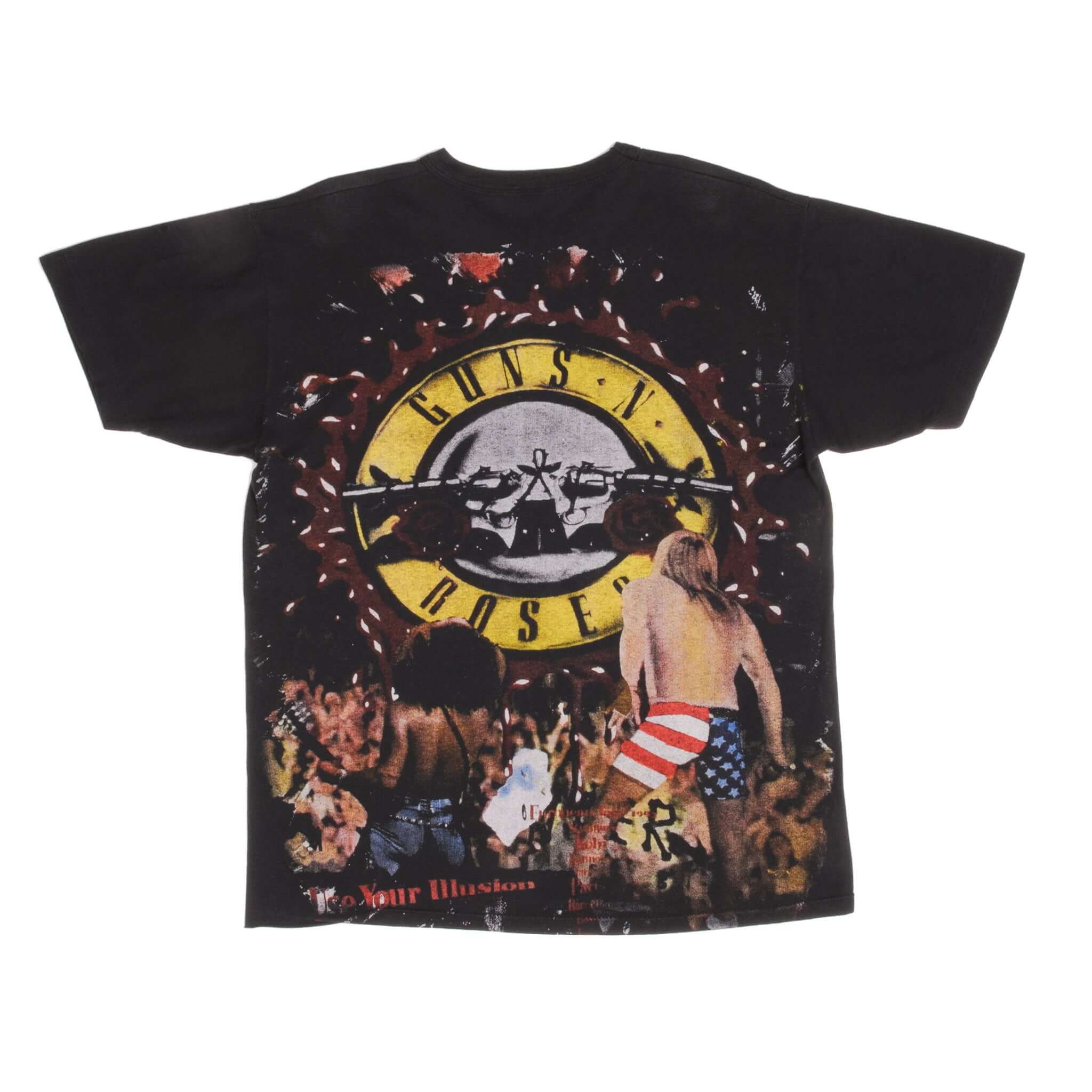 Back of black Guns N' Roses tour T-shirt with band logo, crowd, and American flag graphic