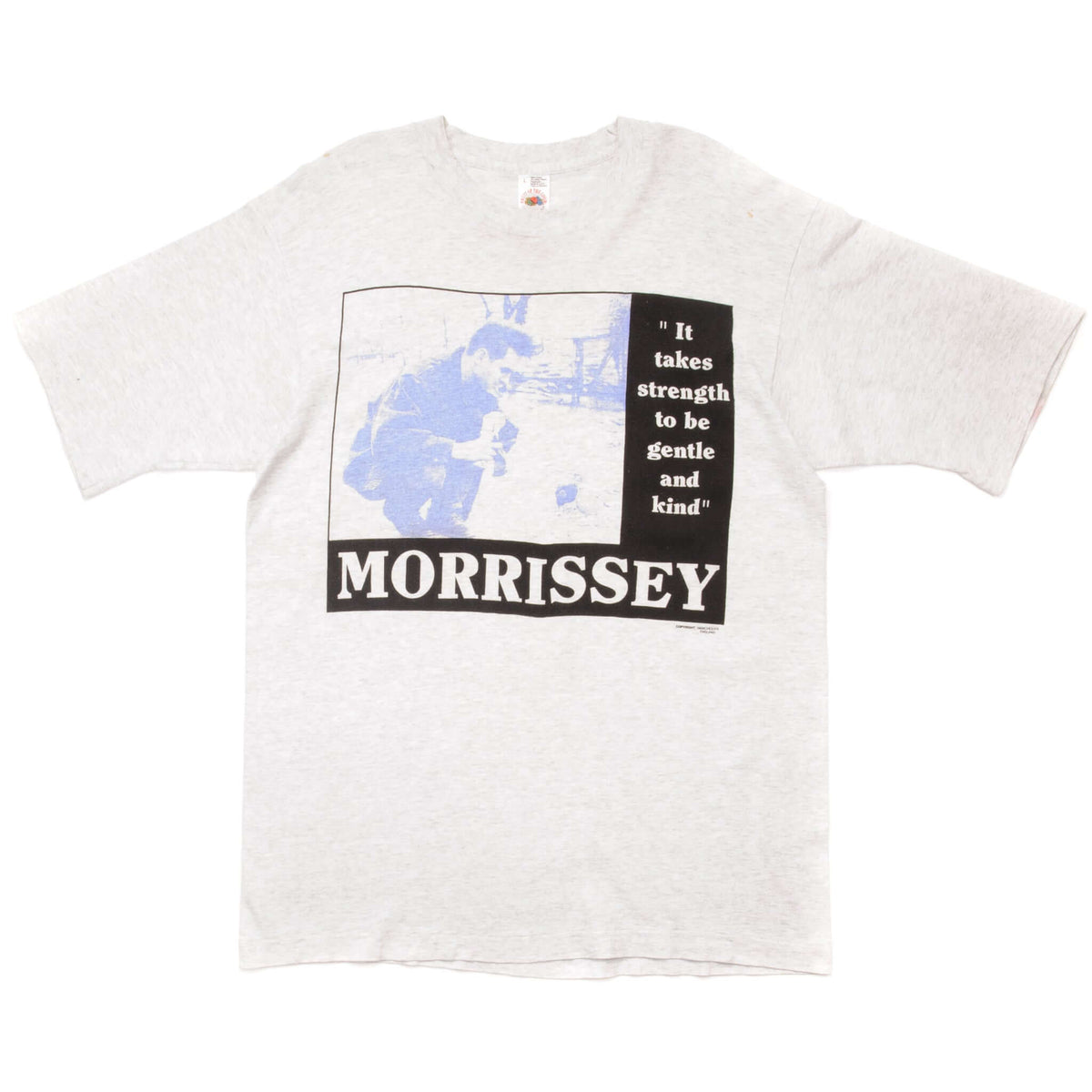 Full front view of gray Morrissey T-shirt with blue, black, and white chest print