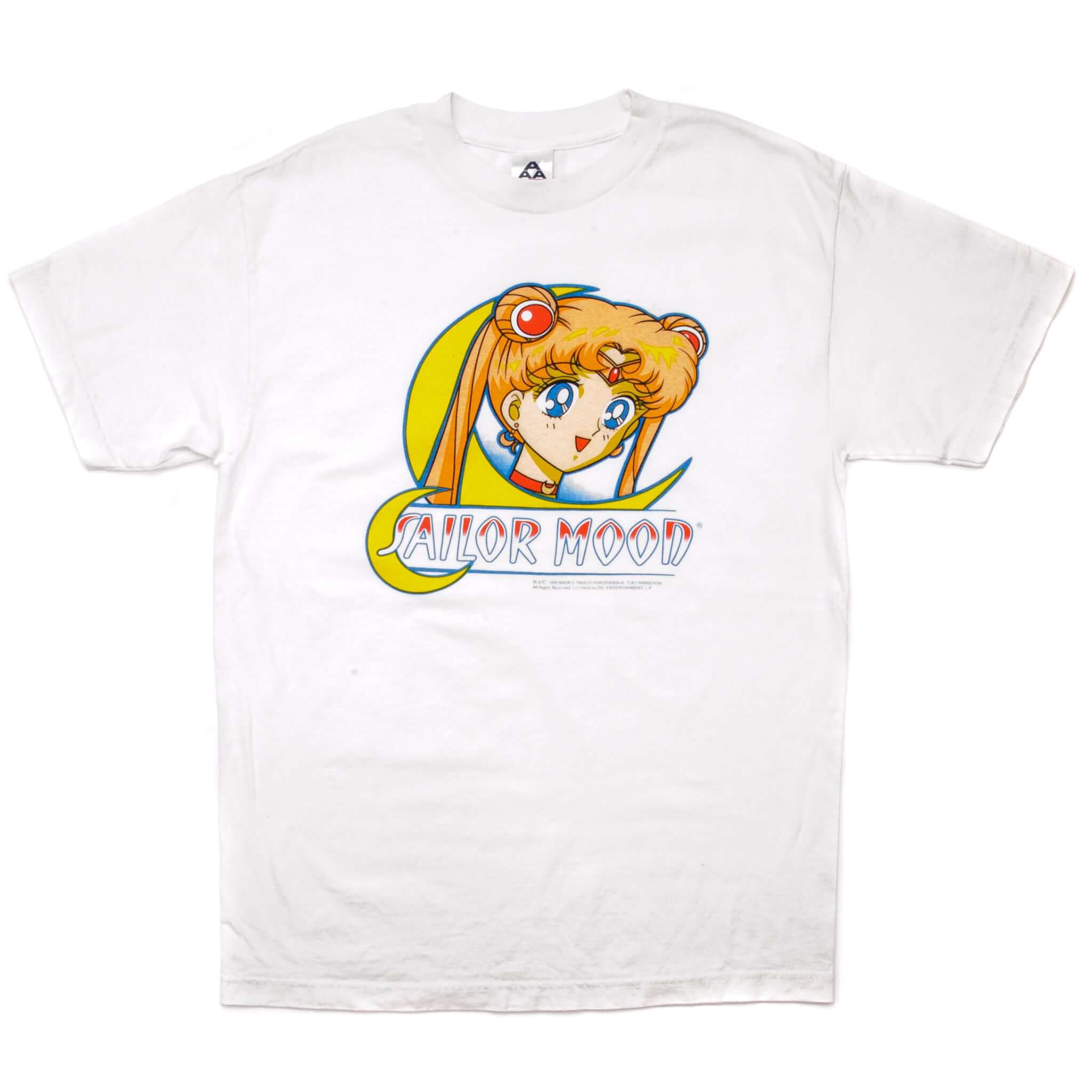 Full front view of white Sailor Moon T-shirt with character and logo print