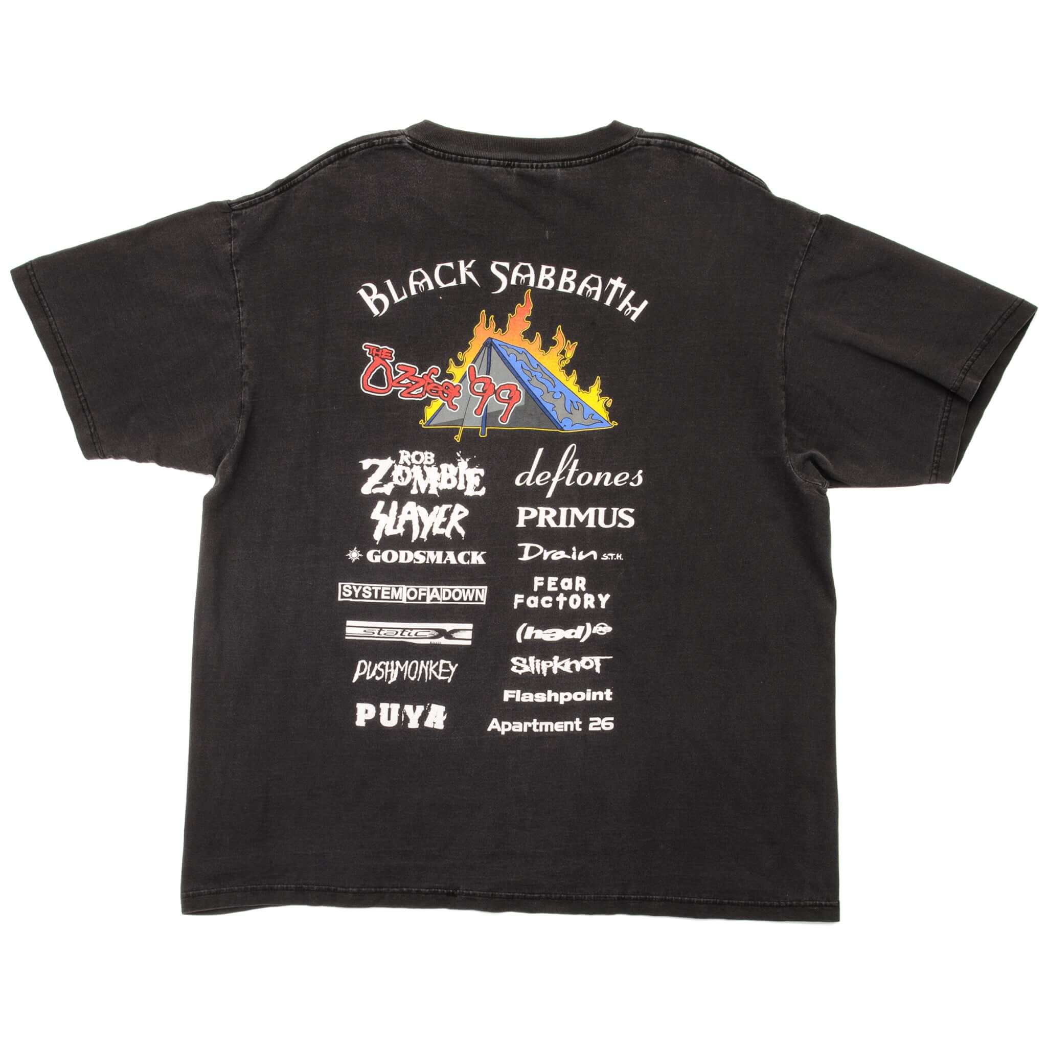 Vintage The Ozz Fest '99 With Black Sabbath, Rob Zombie, Slayer, Godsmack, System Of A Down, Static X, Push Monkey, Puya, Deftones, Primus, Drain S.T.H., Fear Factory, Hed PE, Slipknot, Flashpoint, Apartment 26 Tee Shirt Size XL. BLACK