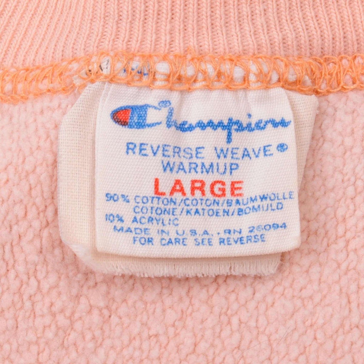 Champion Reverse Weave Warmup neck label marked large and made in USA