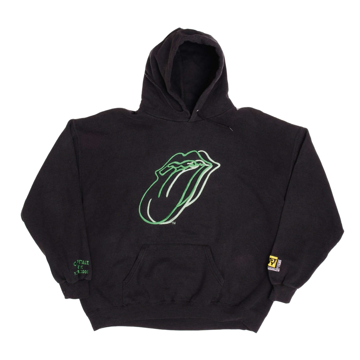 Full front view of black Rolling Stones Four Flicks hoodie with green tongue logo