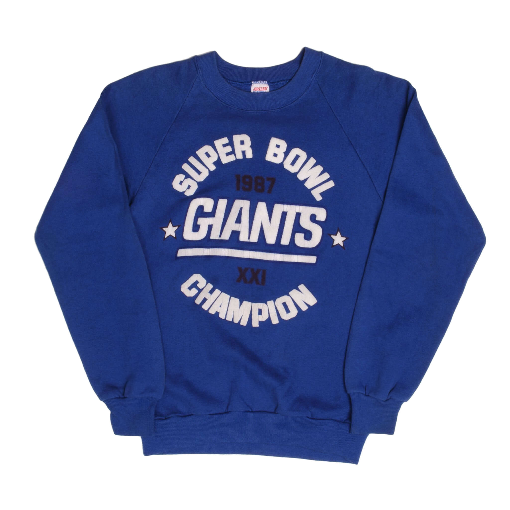 Full front view of blue New York Giants Super Bowl XXI champion sweatshirt