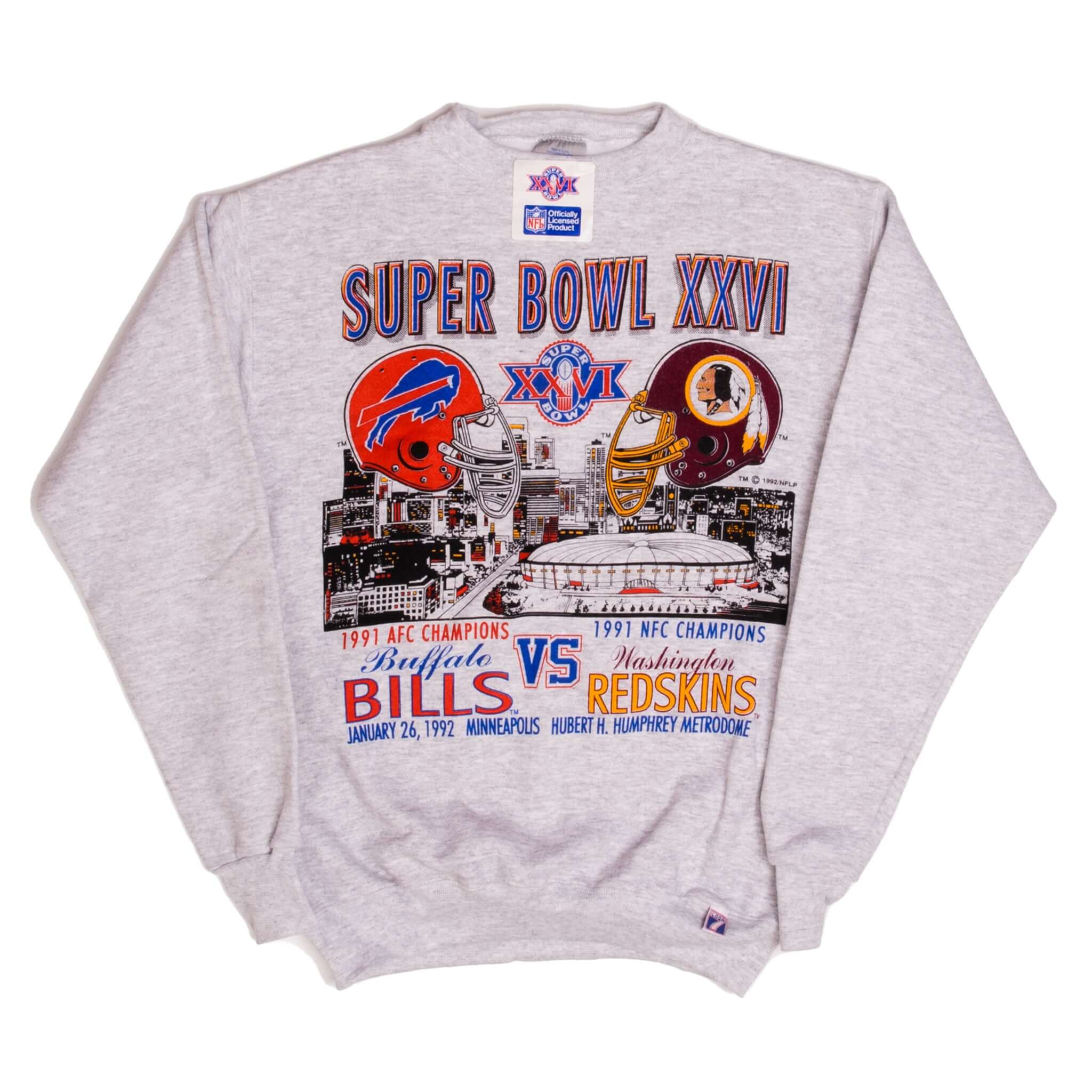 Vintage Deadstock NFL XXVI Super Bowl Buffalos Bills Vs Washington Redskins Sweatshirt 1992 Size Medium Made In USA