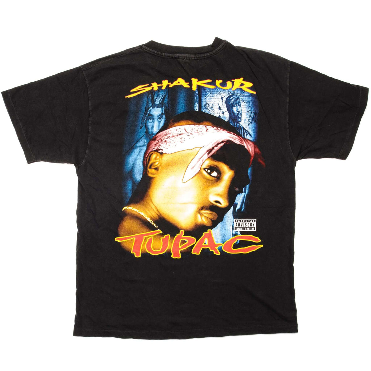 Back of black T-shirt with large bandana portrait and Tupac Shakur graphic