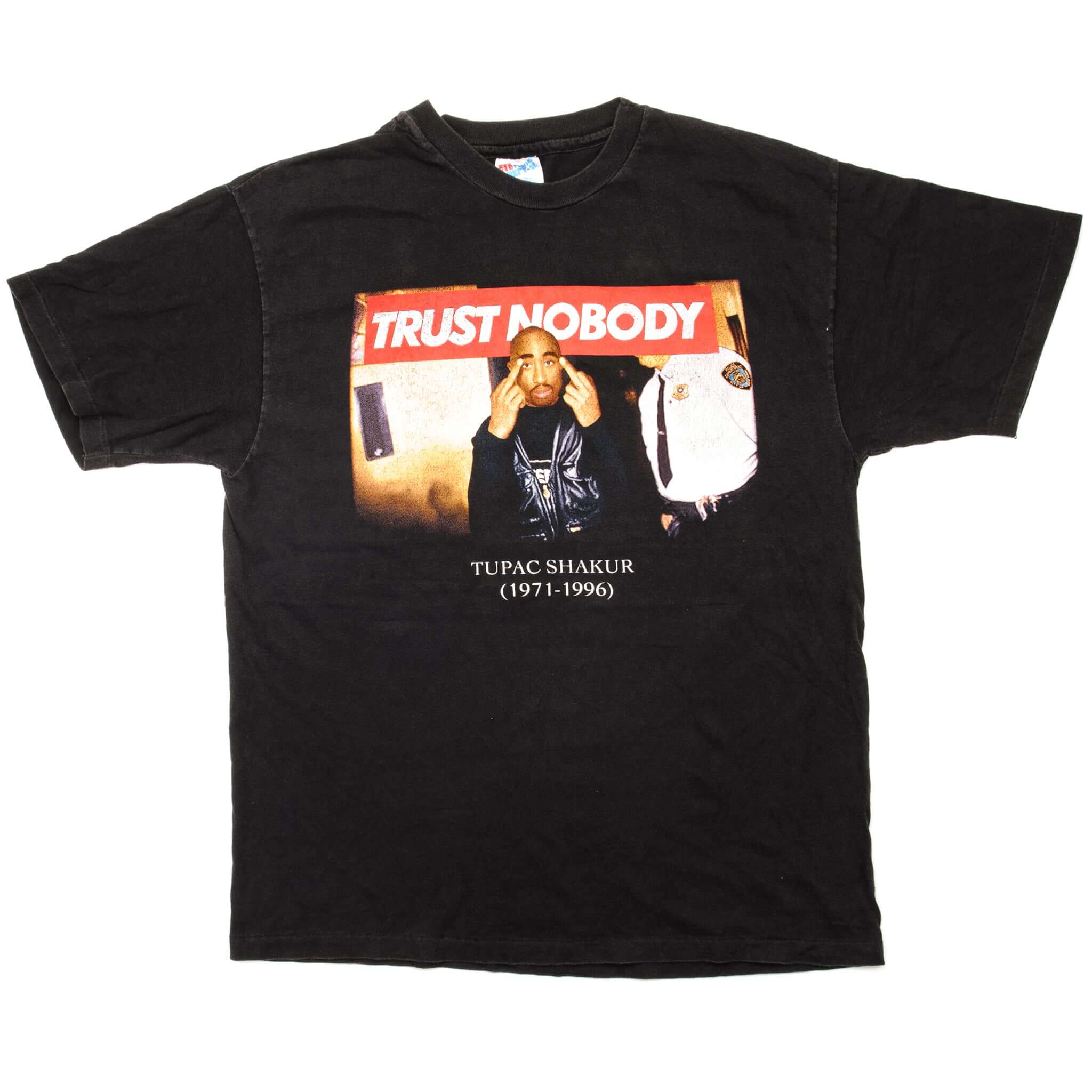 Full front view of black Tupac Shakur Trust Nobody graphic T-shirt