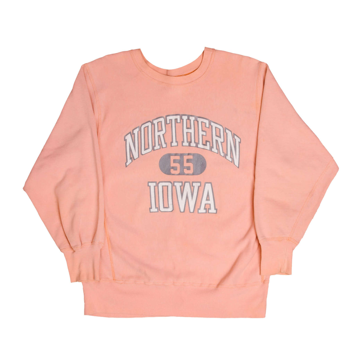 Full front view of pink Champion Northern Iowa 55 crewneck sweatshirt