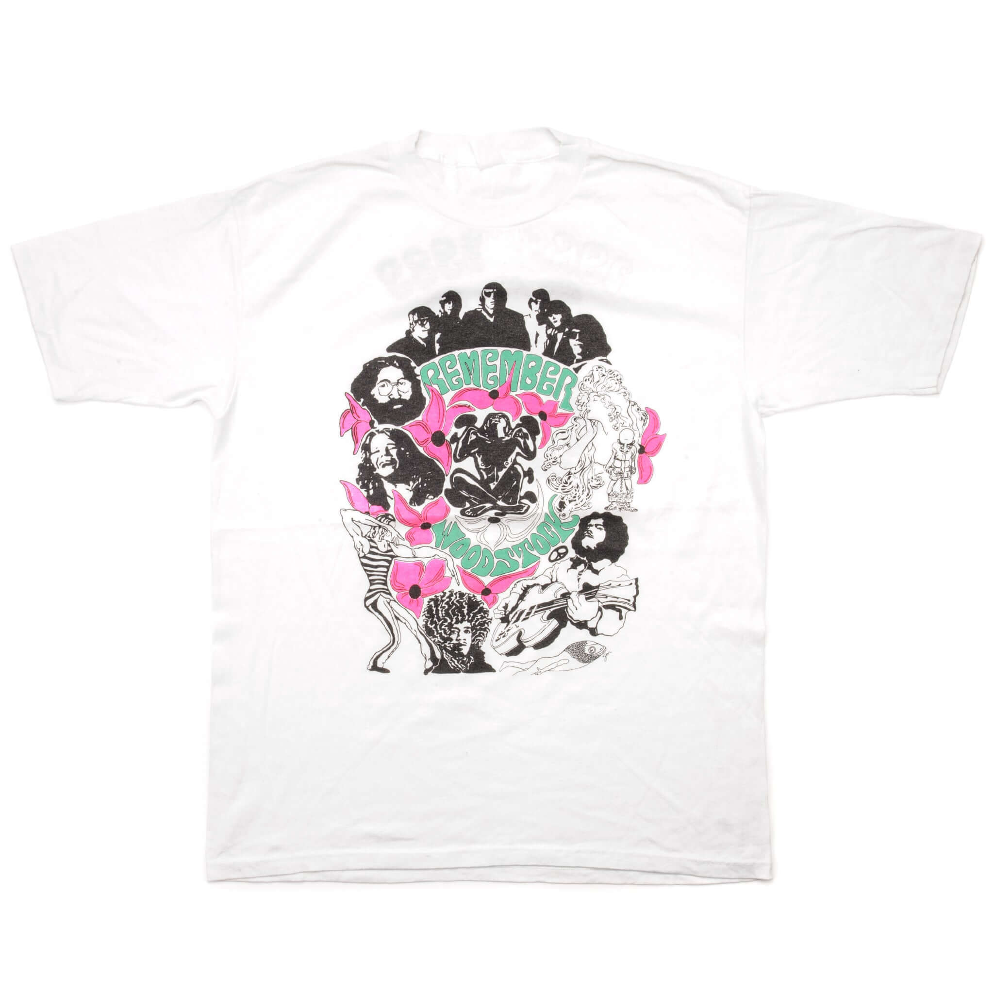 Vintage Remember Woodstock Festival Tee Shirt 1989 Size Large With Single Stitch Sleeves. Lineup : Joan Baez, Arlo Guthrie, Tim Hardin, Richie Havens, Incredible String Band, Ravi Shankar, Sly & The Family Stone, Bert Sommer, Sweetwater, Canned Heat, Creedence Clearwater, Grateful Dead, Keef Hartley, Janis Joplin, Jefferson Airplane, Mountain, Quill, Santana, The Who, The Band, Jeff Beck Group, Blood Sweat & Tears, Joe Cocker, Crosby Stills & Nash, Jimi Hendrix, Iron Butterfly, Ten Years After, Johnny Wint