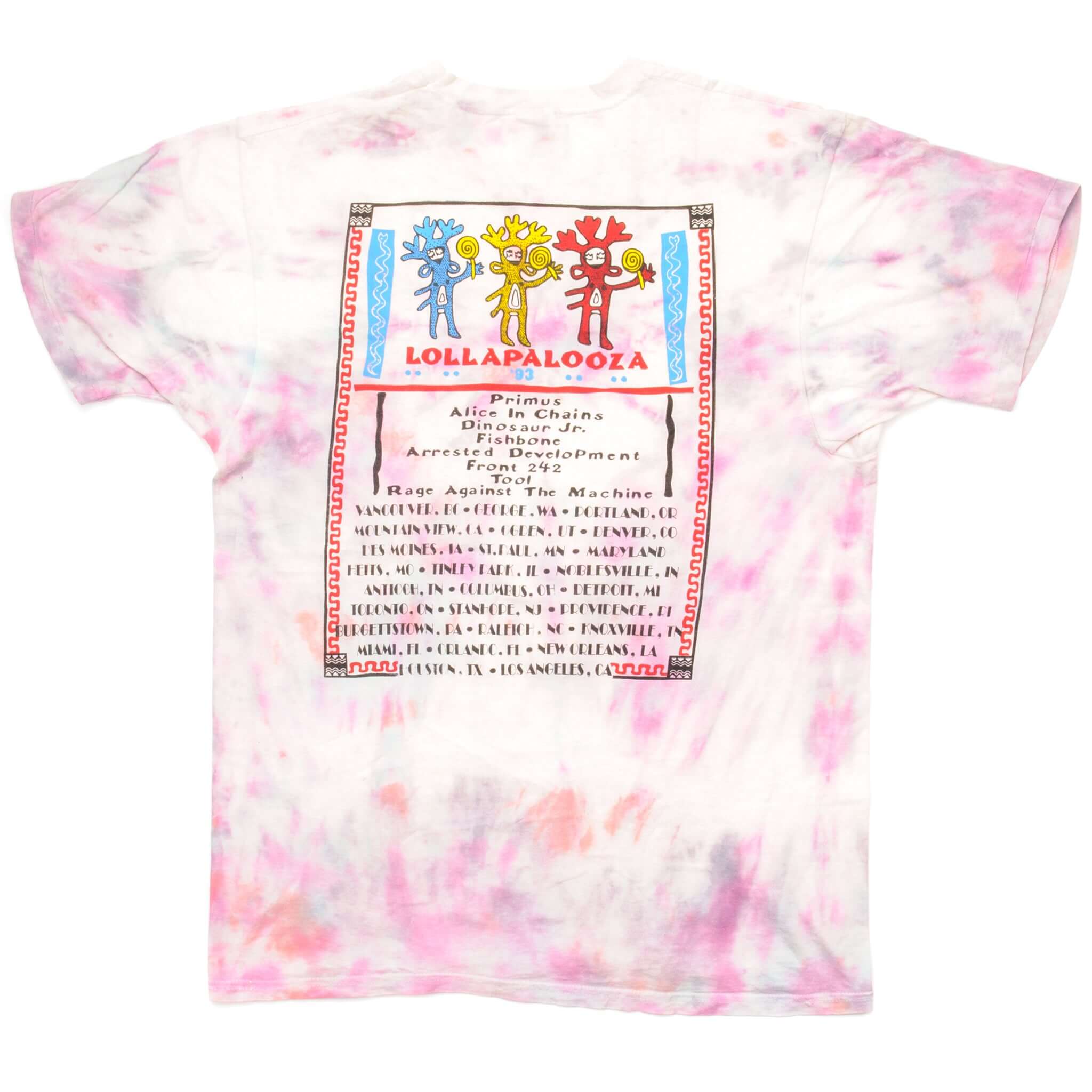 Vintage Tie-Dye Alice In Chains Lollapalooza Tee Shirt 1994 Size Large. Lineup : Primus, Alice In Chains, Dinosaur Jr., Fishbone, Arrested Development, Front 242, Tool, Rage Against The Machine.