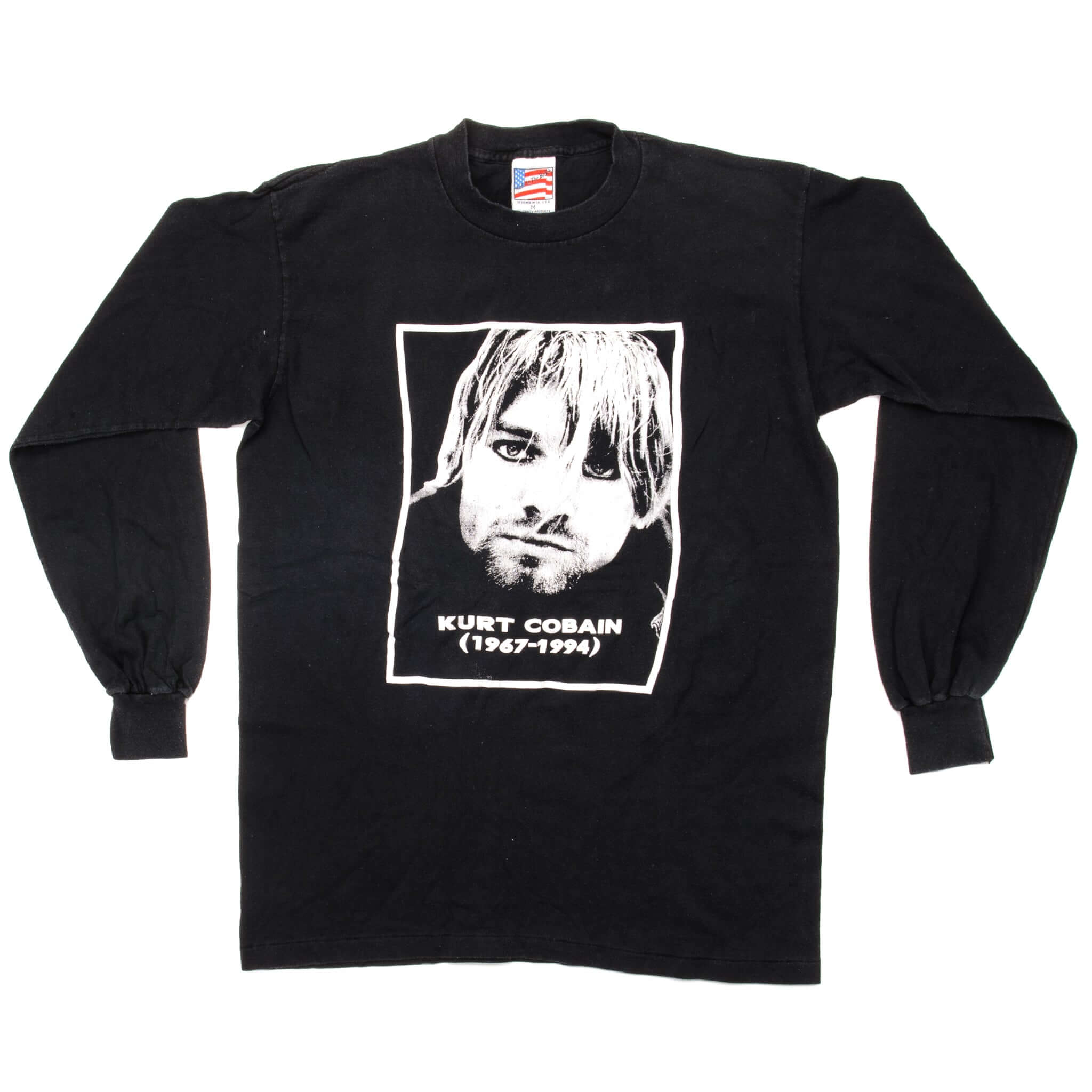 Full front view of black Kurt Cobain long-sleeve T-shirt with portrait graphic
