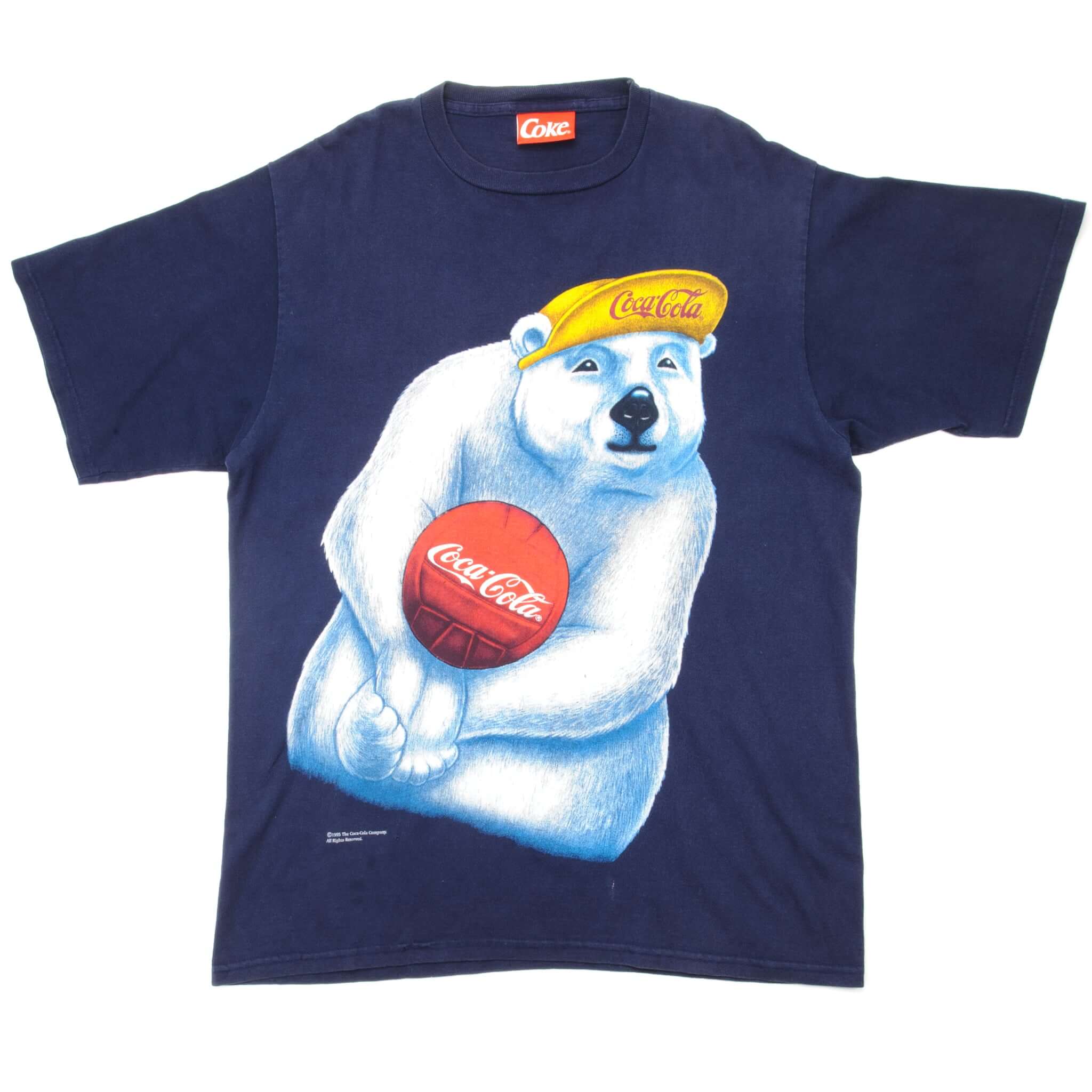 Vintage Coca Cola With The Polar Bear Playing Volleyball Tee Shirt 1995 Size XL Made In USA. BLUE