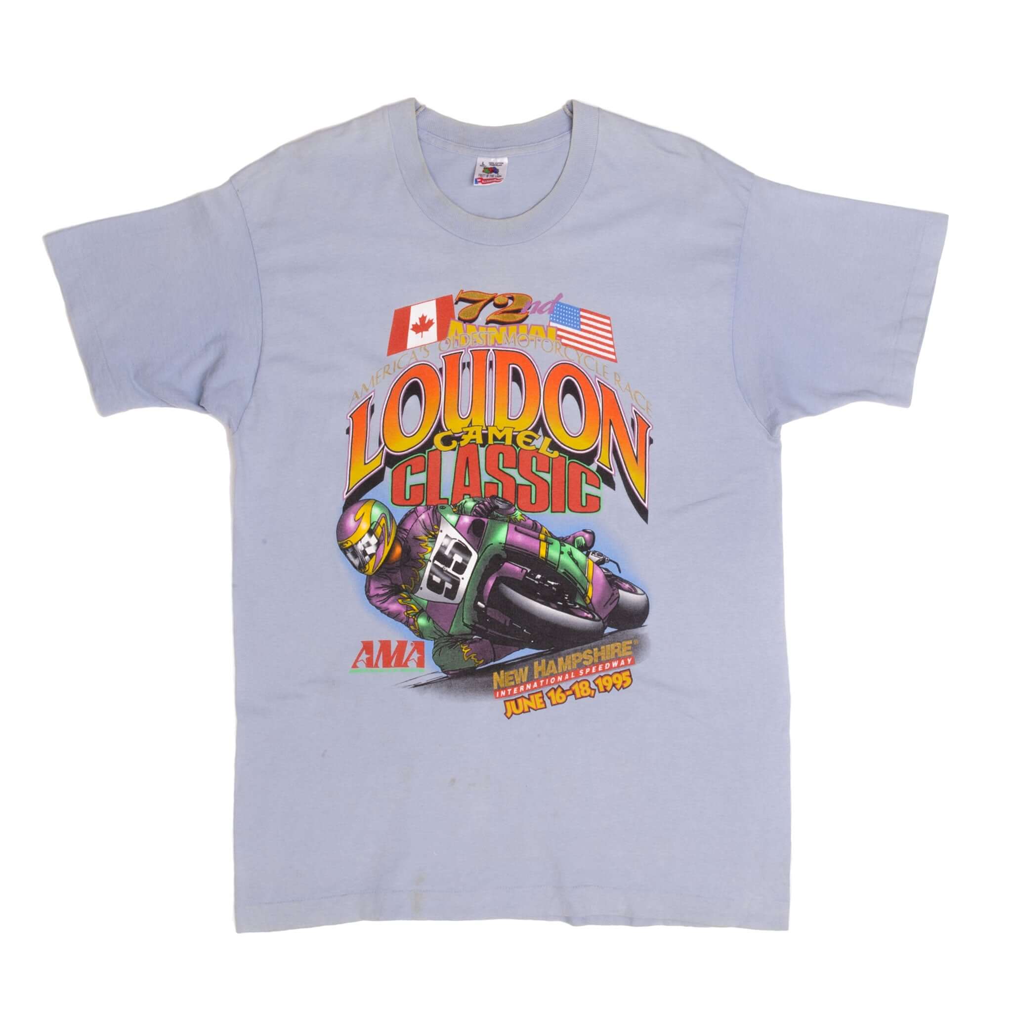 Full front of light blue AMA Loudon Camel Classic 1995 motorcycle racing T-shirt