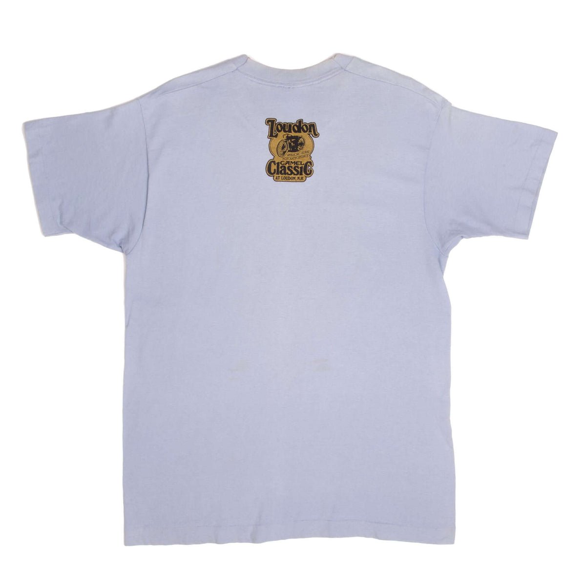 Back of light blue T-shirt with small Loudon Camel Classic graphic below the collar